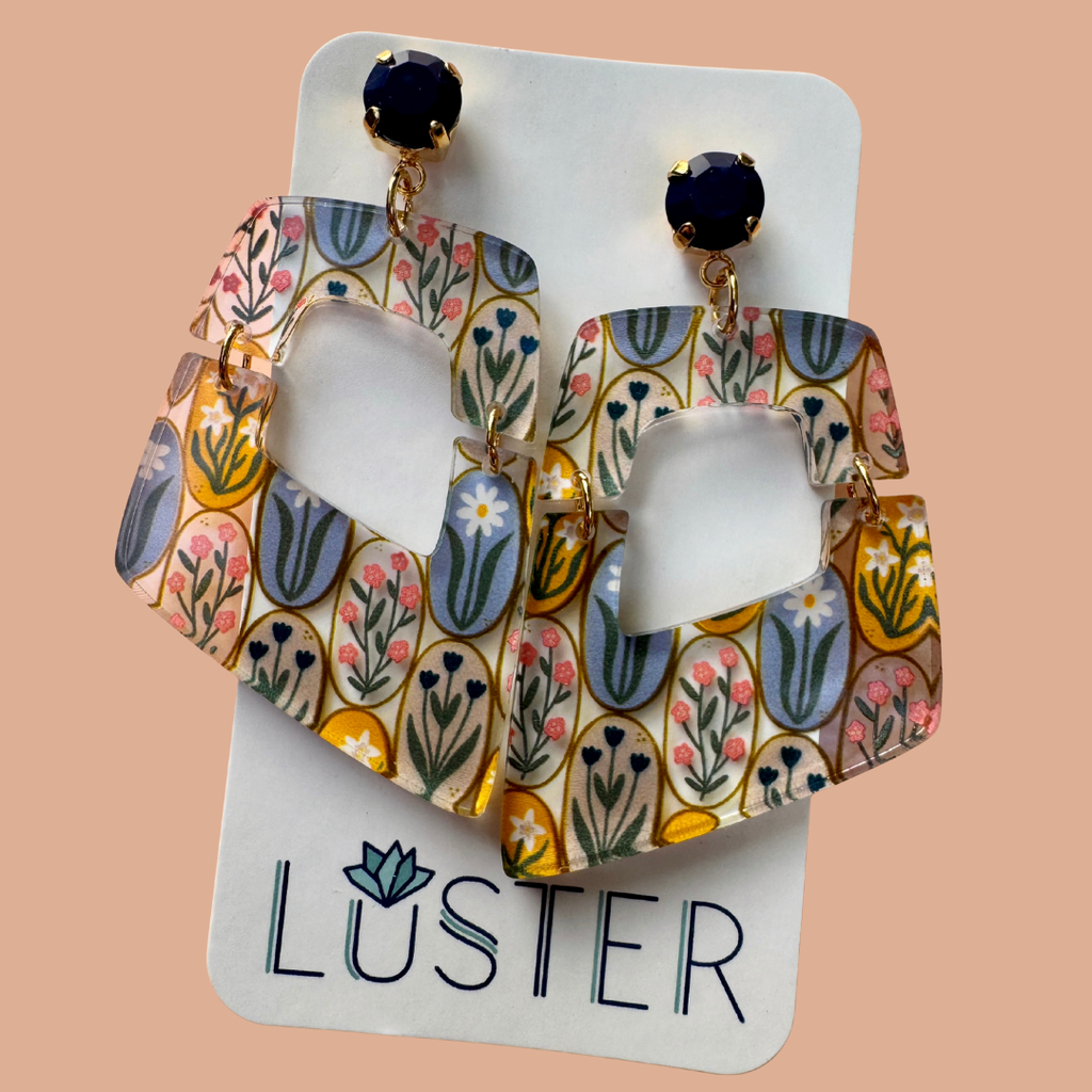 Floral Folk Art Trapezoid Earrings