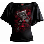 Spiral - BED OF ROSES - Boat Neck Bat Sleeve Top Black - L
