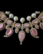 BR462  Anmol necklace set in pink( rose quartz ), Cats eye and pearls ( READY TO SHIP )