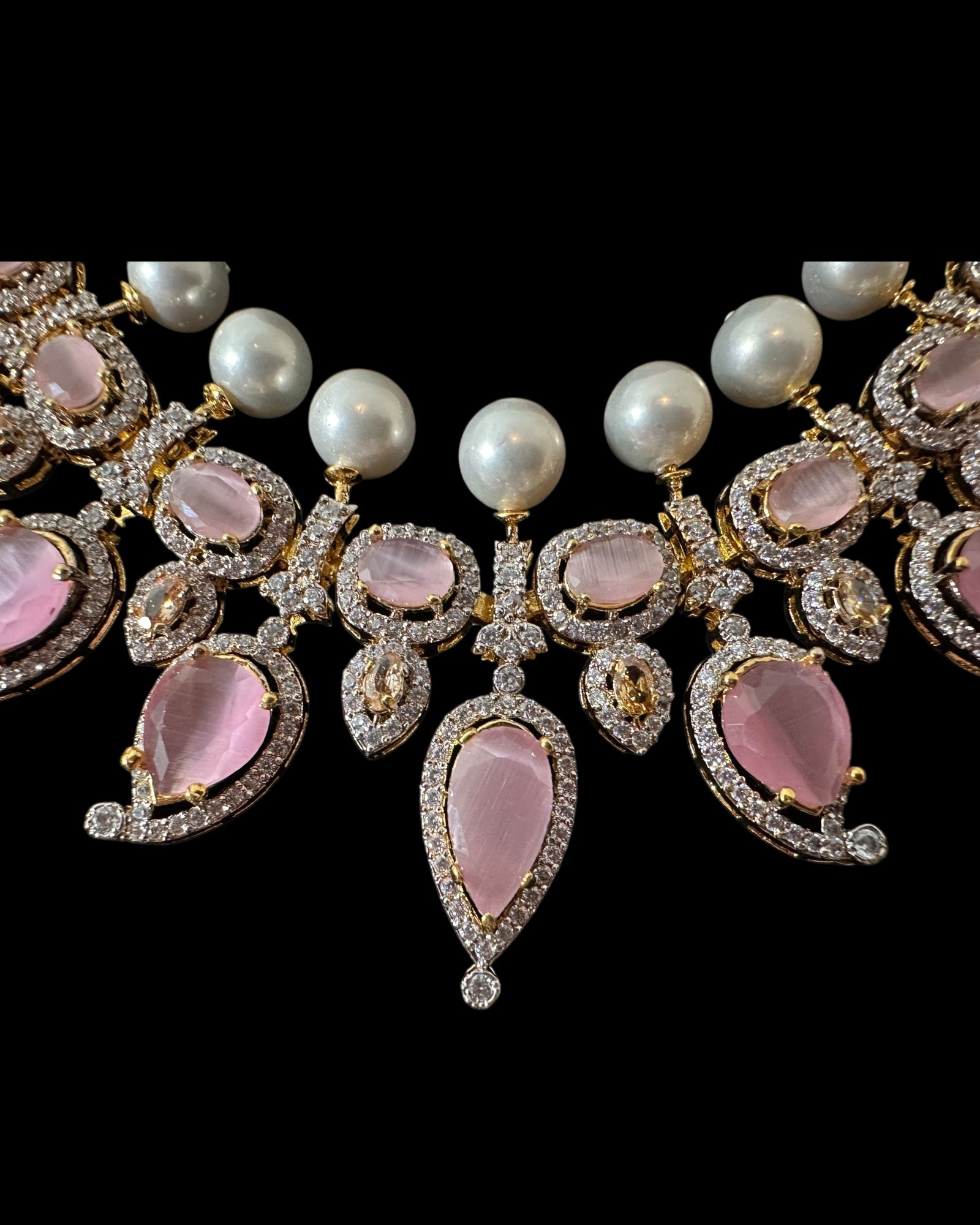 BR462  Anmol necklace set in pink( rose quartz ), Cats eye and pearls ( READY TO SHIP )