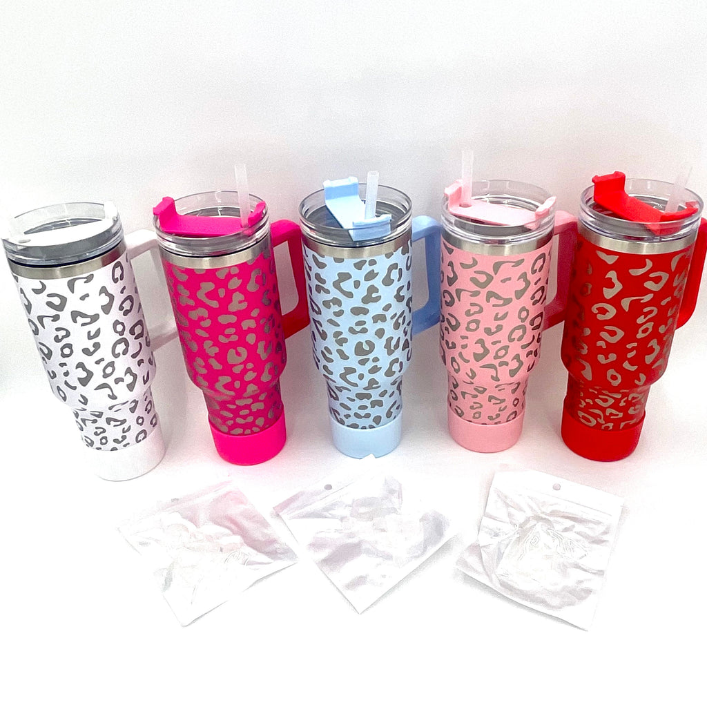 40oz Bundle Cheetah Leopard Laser Etched Stainless Tumbler with Rubber Bumper Straw cover and Spill Proof Stopper