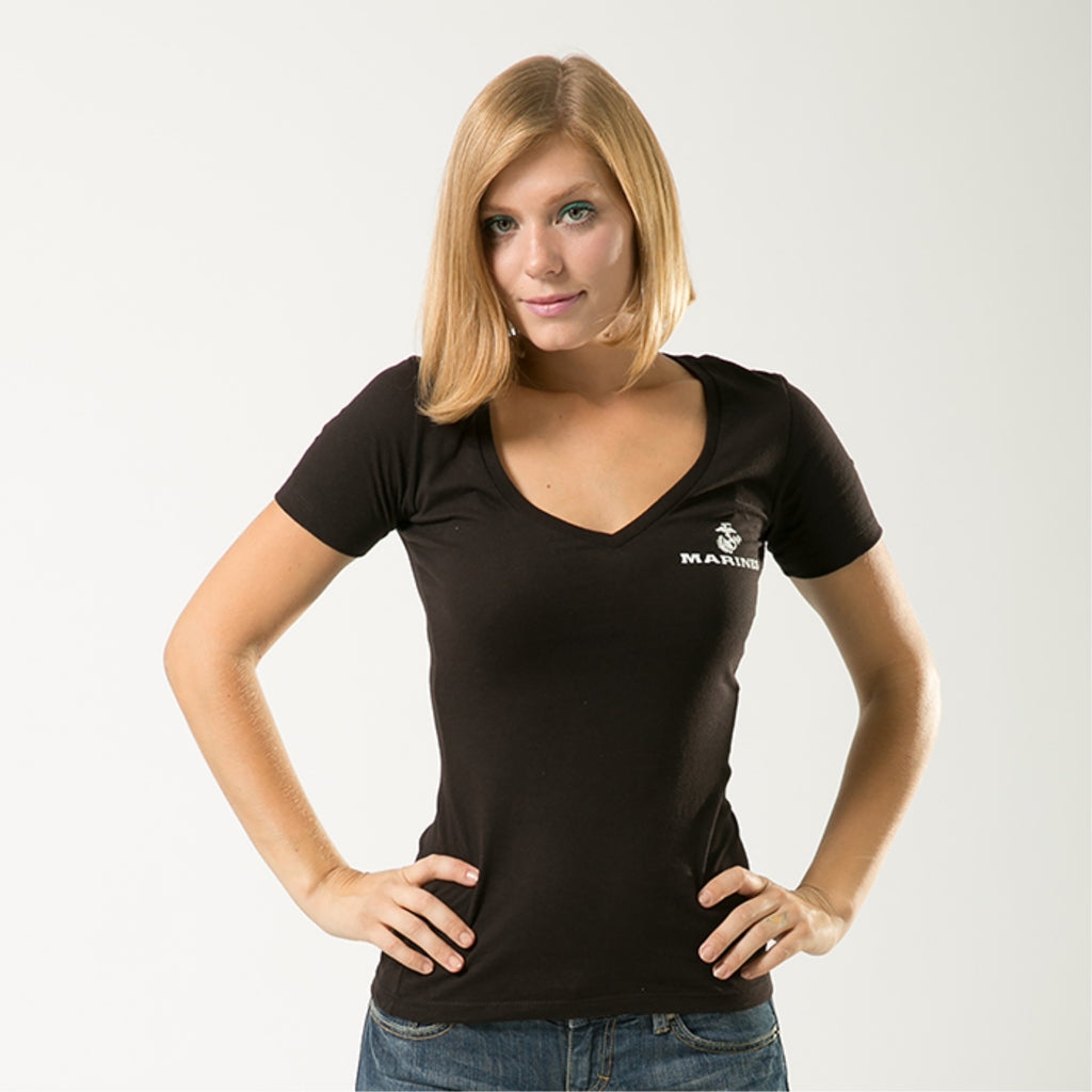 Women's V-Neck Tees, Marines, Black, XL
