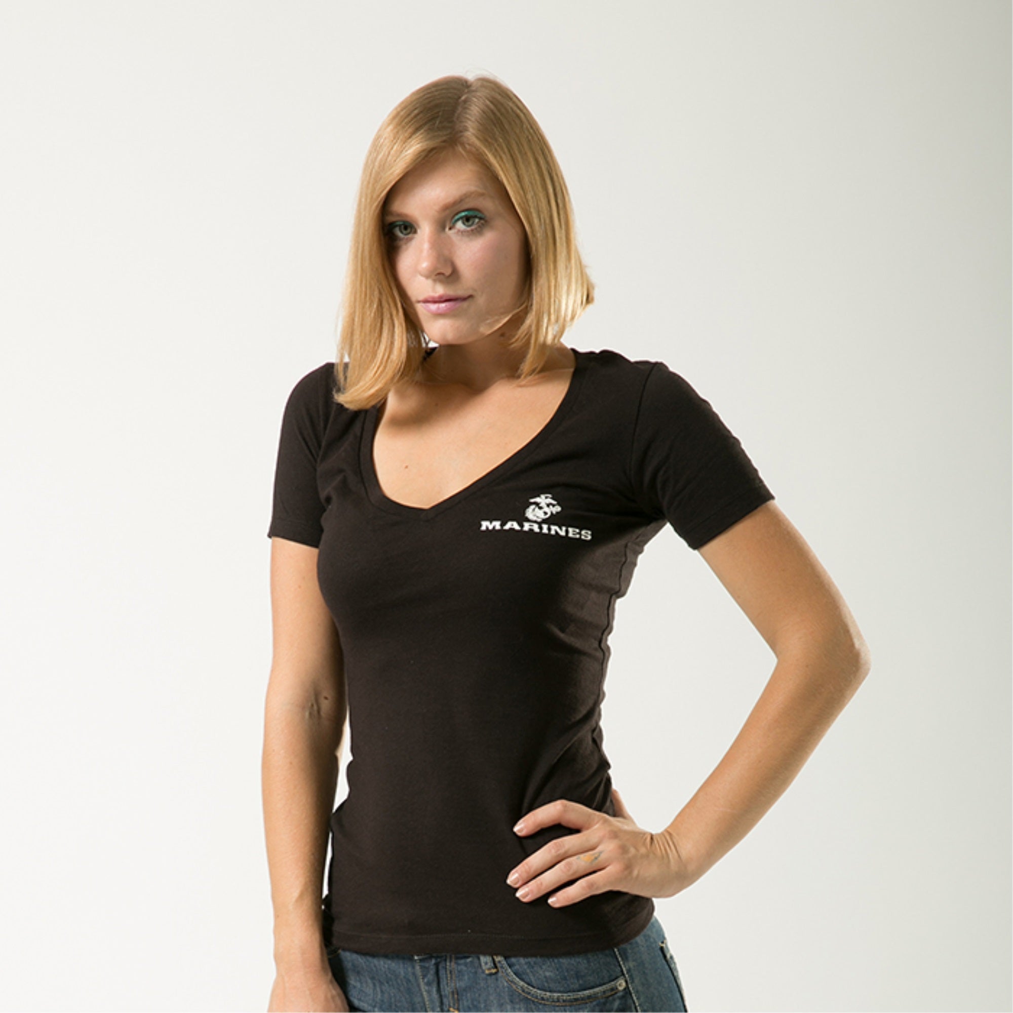 Women's V-Neck Tees, Marines, Black, XL
