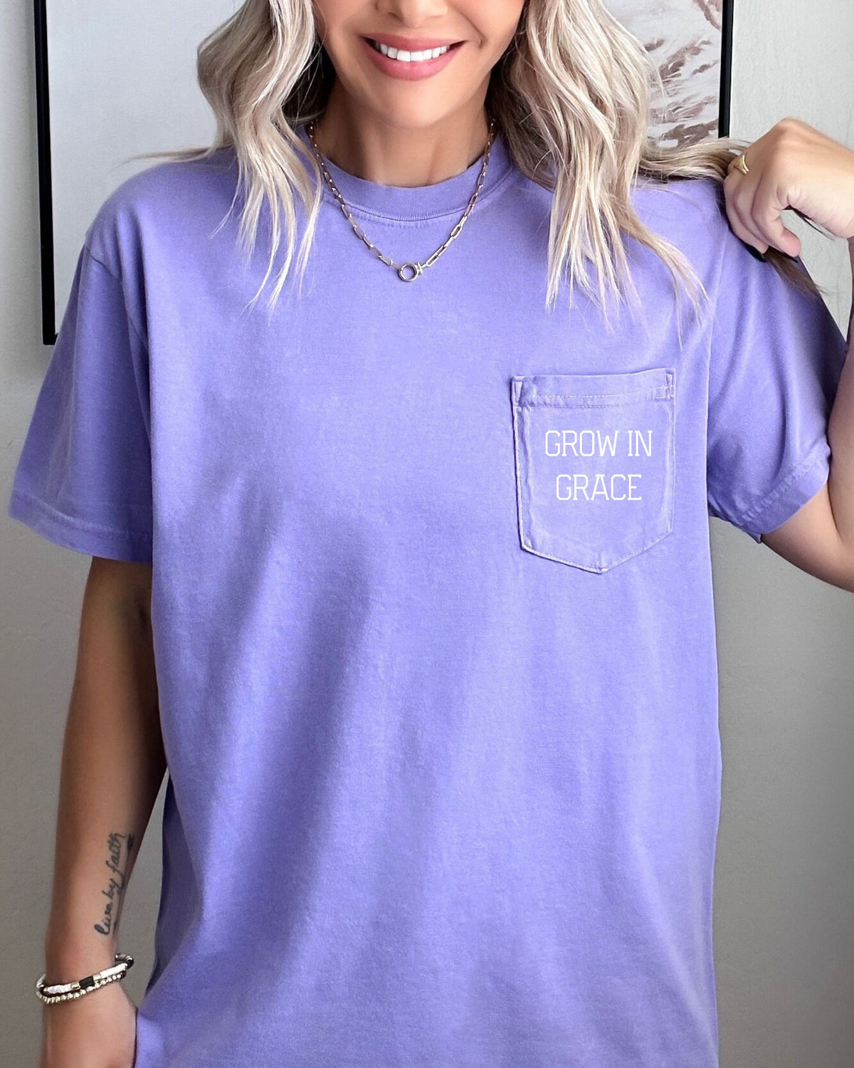 Grow In Grace Comfort Colors Pocket T-Shirt – Christian Pro-Life Faith Graphic Tee