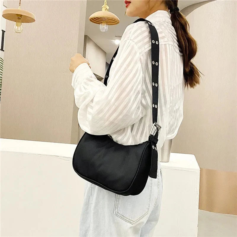 Casual Shoulder Bags For Women Black Waterproof Nylon Crossbody Bag Cool Girls Underarm Handbag Purse