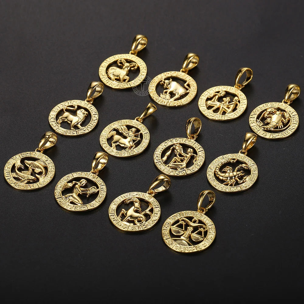Men's Women's 12 Horoscope Zodiac Sign Gold Color Pendant Necklace Aries Leo Wholesale 12 Constellations Jewelry GPM24