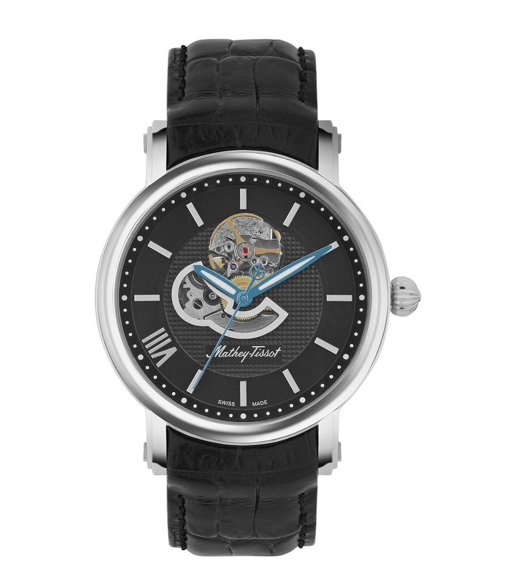 Mathey-Tissot Skeleton Genuine Leather Strap Black Dial Automatic H7053AN Mens Watch