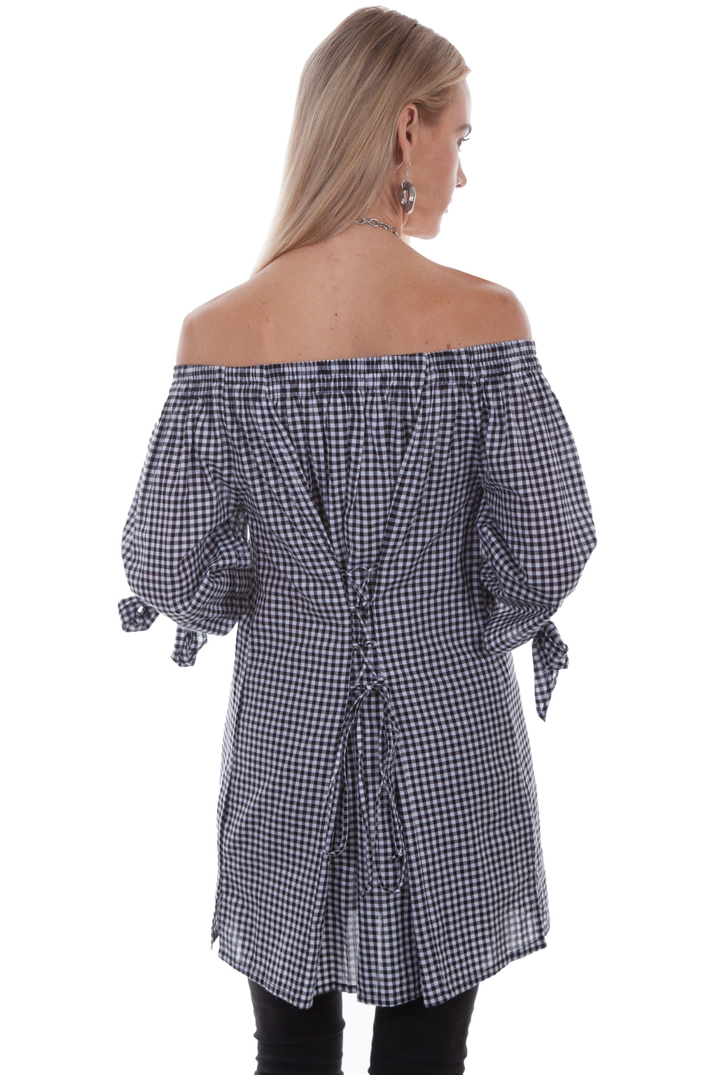 GINGHAM BLOUSE W/CORSET TIE BACK