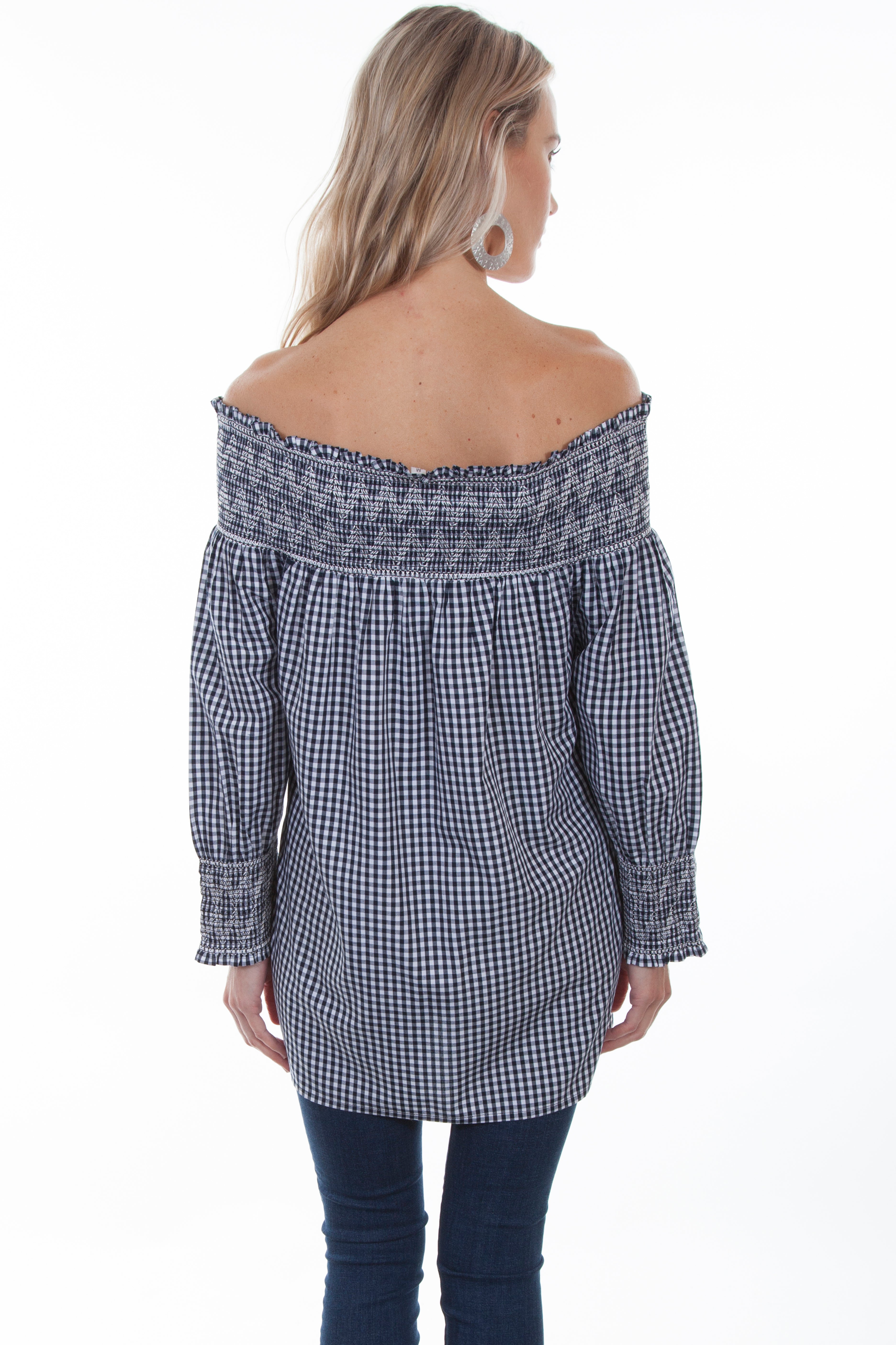 GINGHAM CHECK OFF SHOULDER BLOUSE