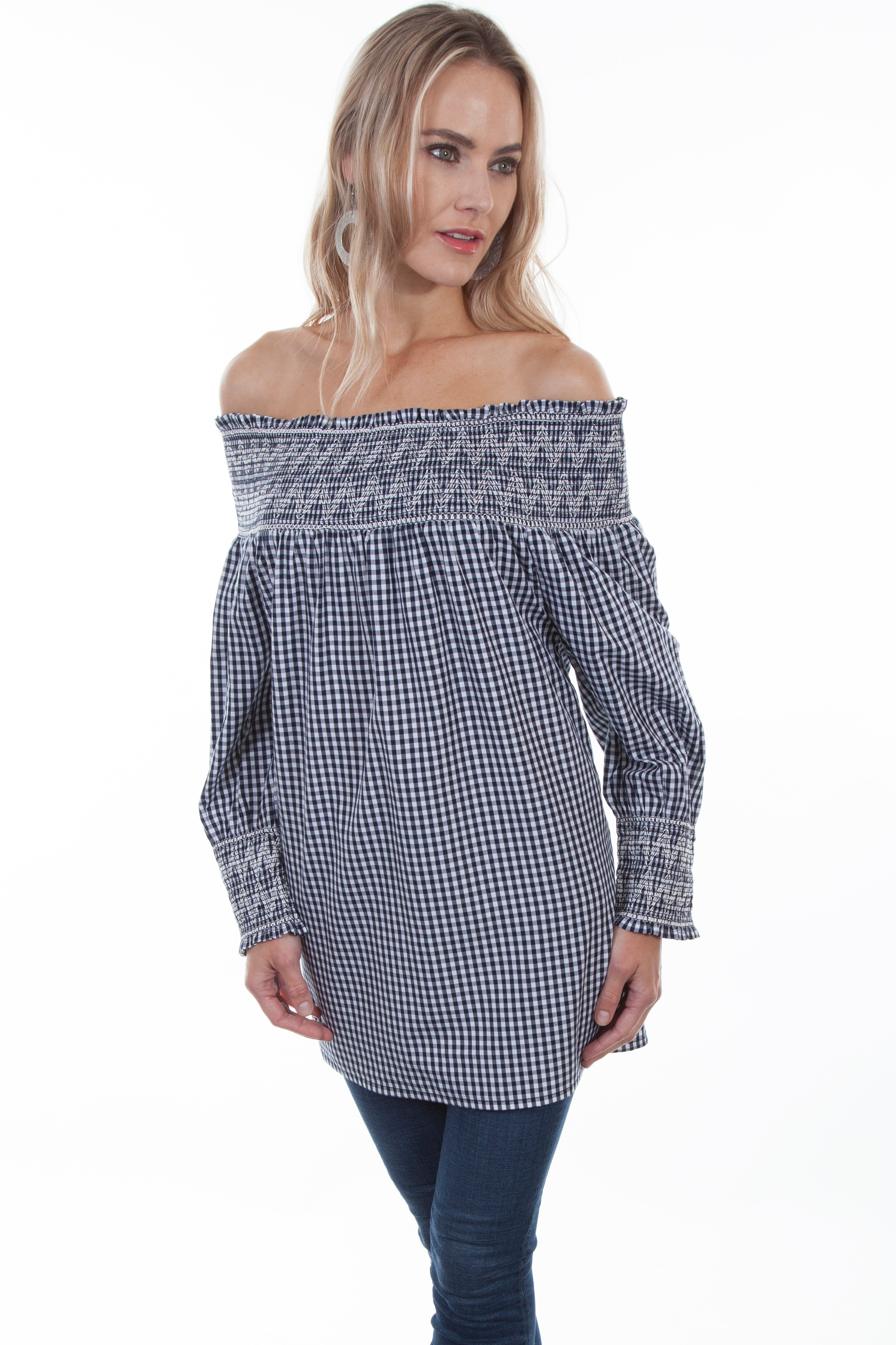 GINGHAM CHECK OFF SHOULDER BLOUSE