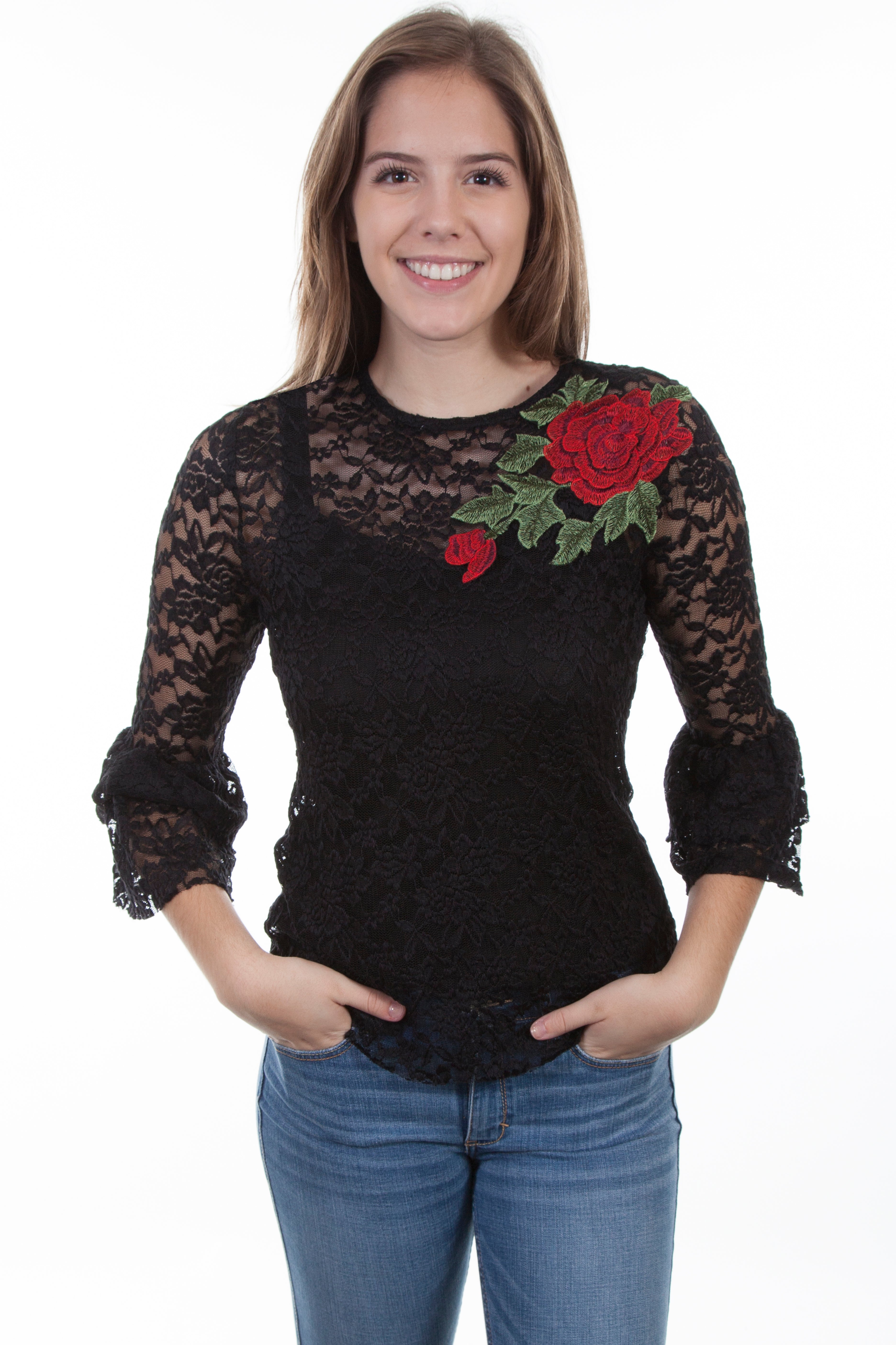 LACE TOP W/ROSE APPLIQUE