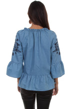 PEPLUM BLOUSE W/TONAL EMB & TIE NECK
