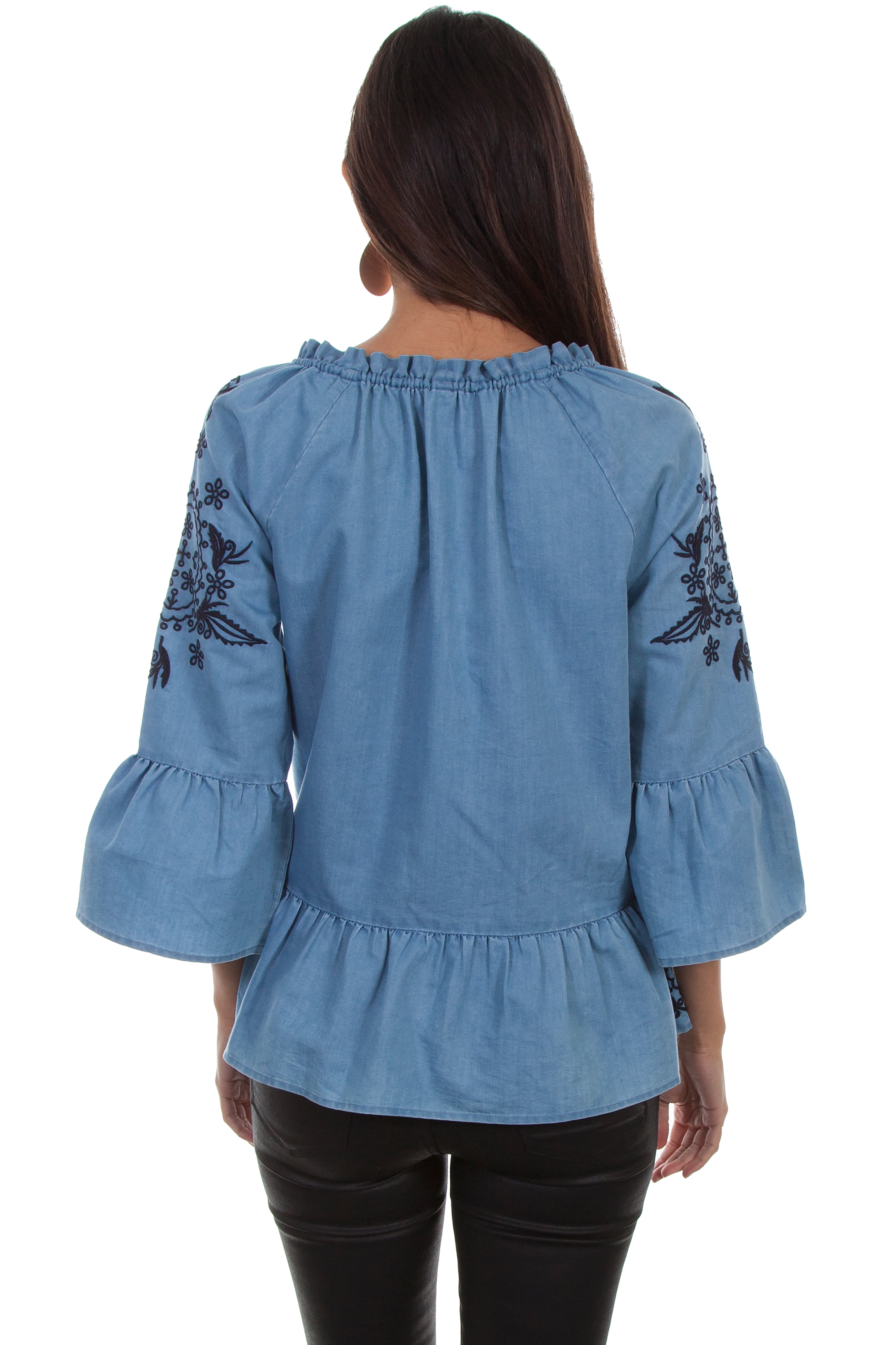PEPLUM BLOUSE W/TONAL EMB & TIE NECK