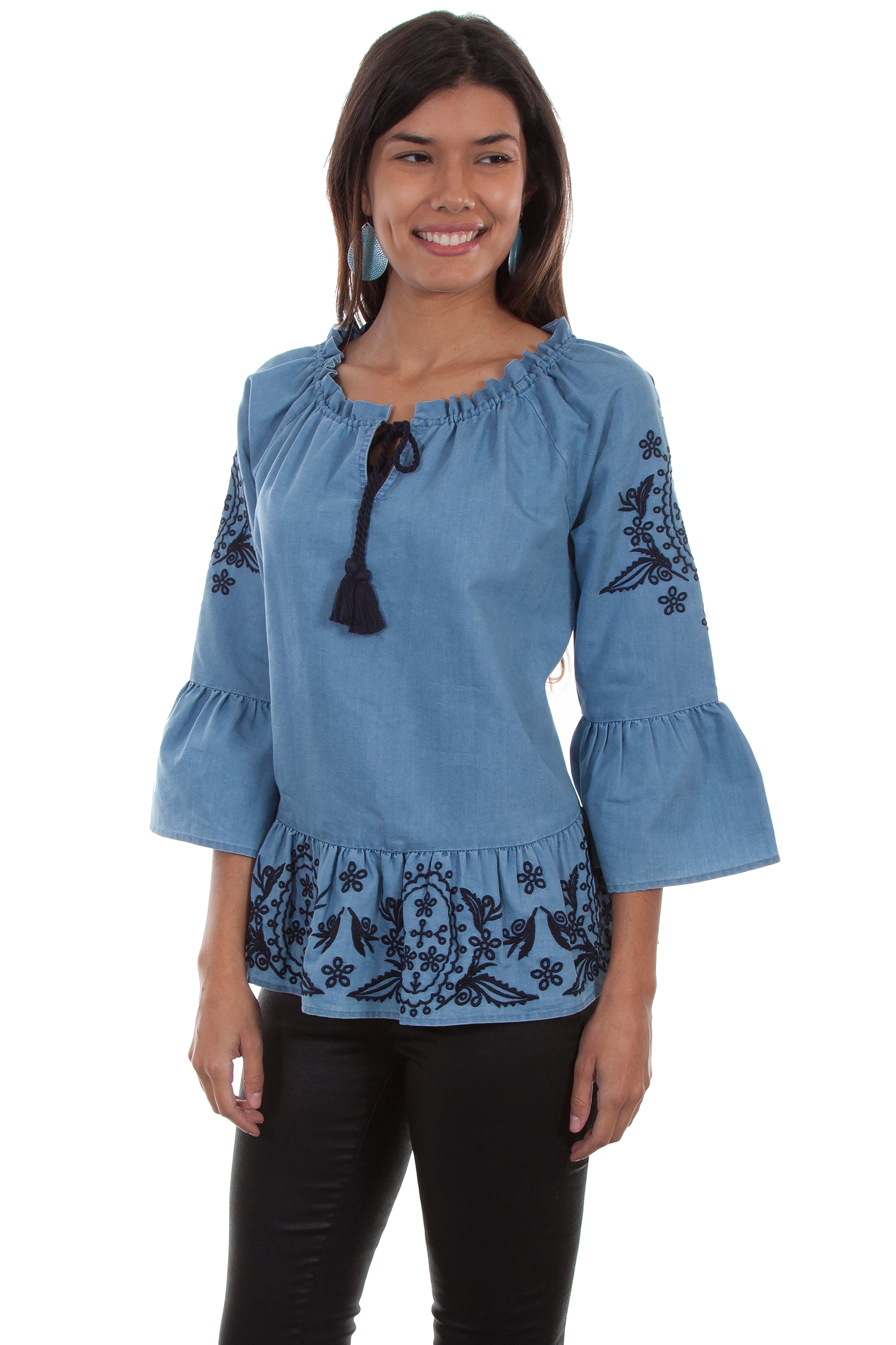 PEPLUM BLOUSE W/TONAL EMB & TIE NECK