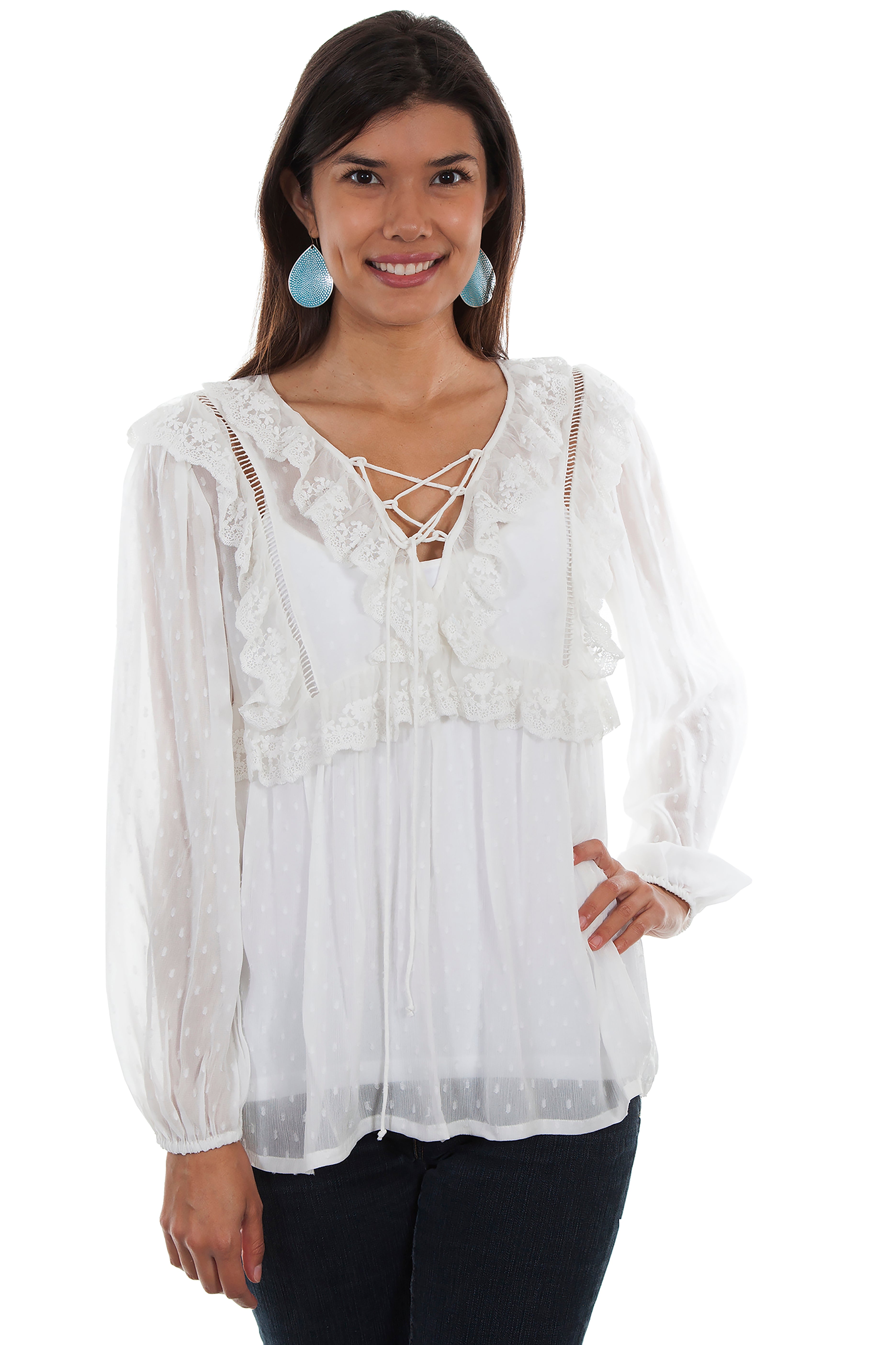 SWISS DOT BLOUSE W/RUFFLE YOKE DETAI