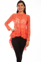 LACE BUTTON UP DOUBLE RUFFLE BLOUSE