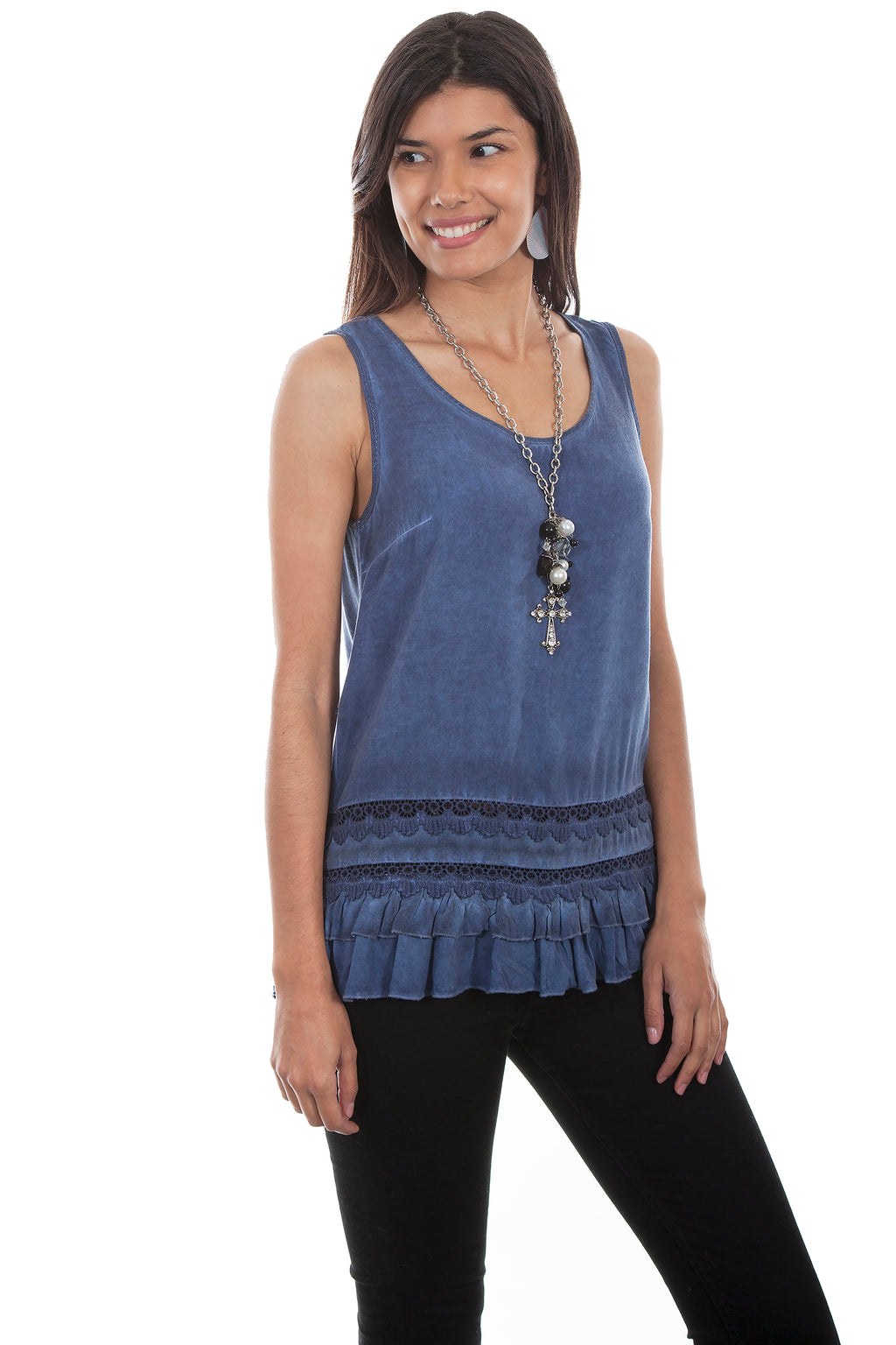 SCOOP NECK TANK W/CROCHET LACE/RUFFL