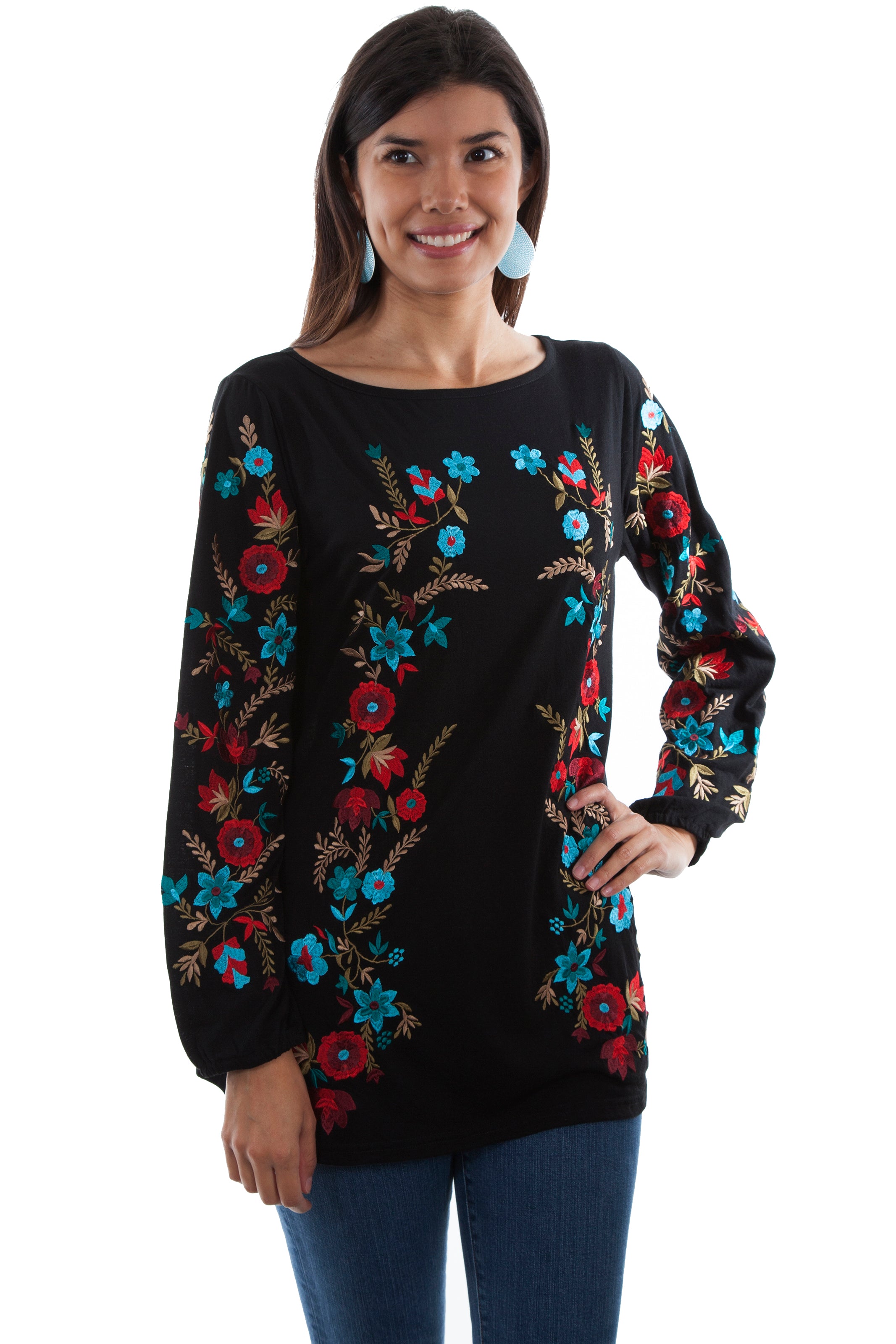 TUNIC W/FLORAL EMB SHIRT TAIL HEM