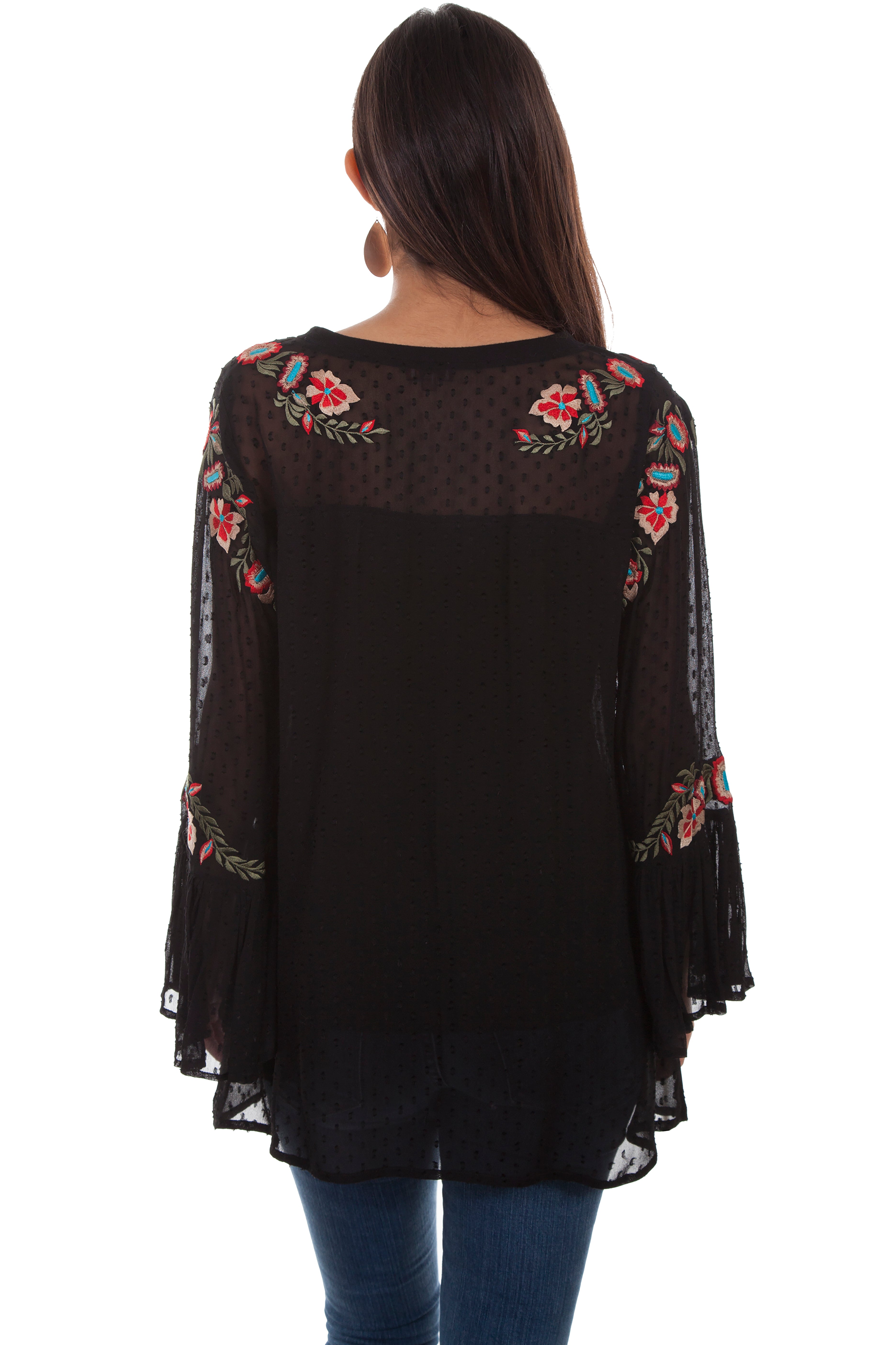SWISS DOT TUNIC W/EMB & RUFFLE SLEEV