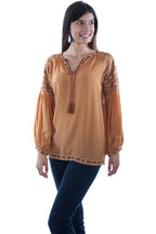 TIE NECK LINE W/POET SLEEVES EMB.