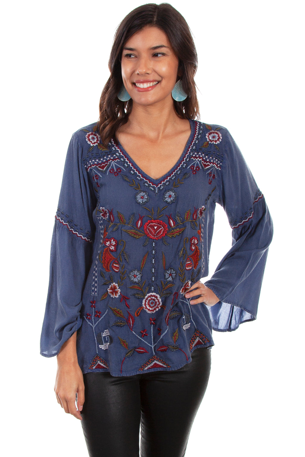EMB V-NECK W/BELL SLEEVES