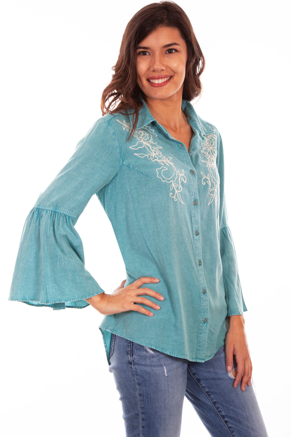 BELL SLEEVE BLOUSE W/IVORY EMB