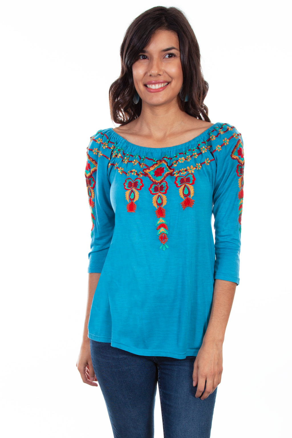 3/4 SLEEVE PEASANT TOP W/EMB.