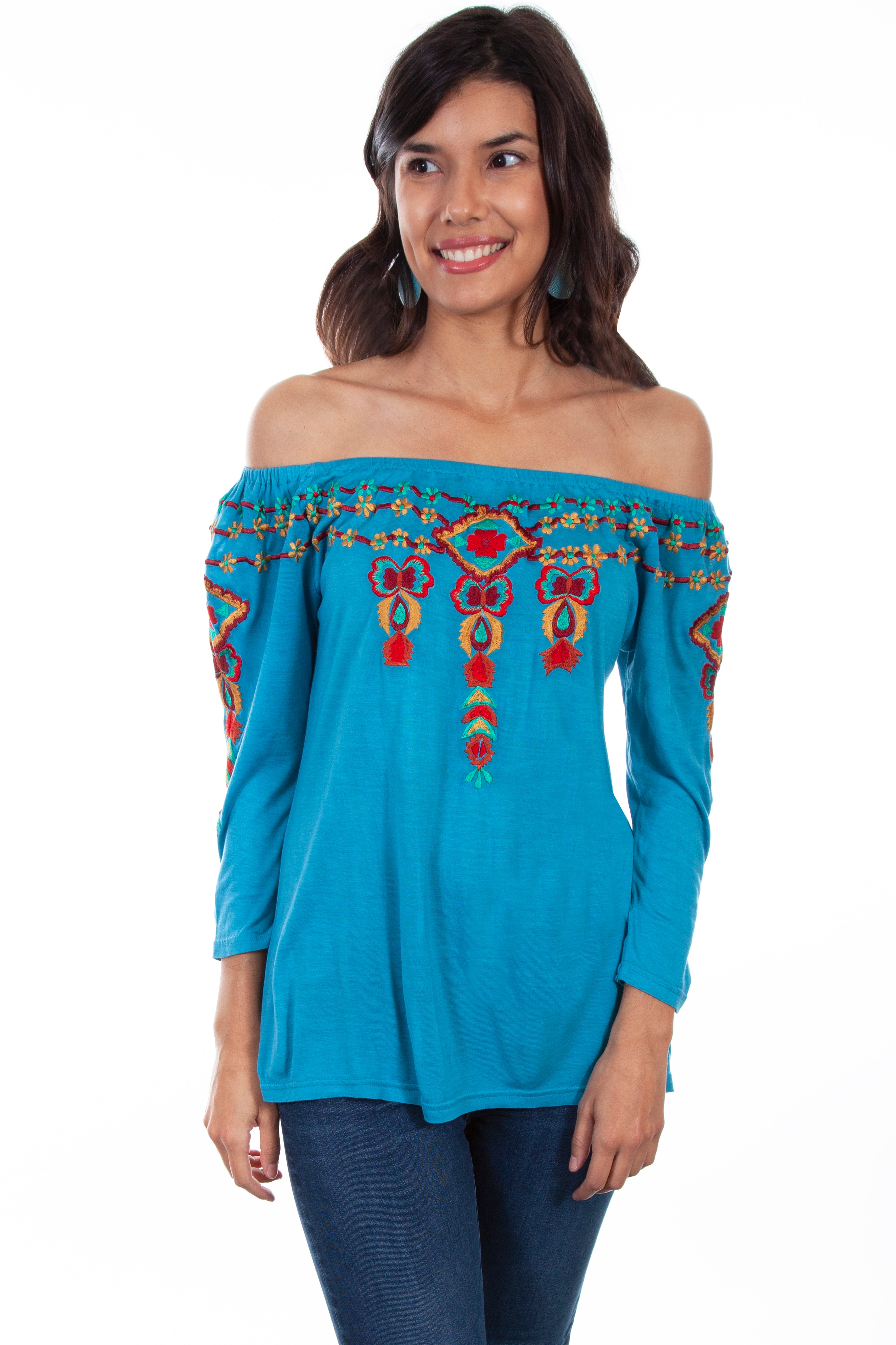 3/4 SLEEVE PEASANT TOP W/EMB.
