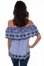 STRIPE/EMB RUFFLE BLOUSE