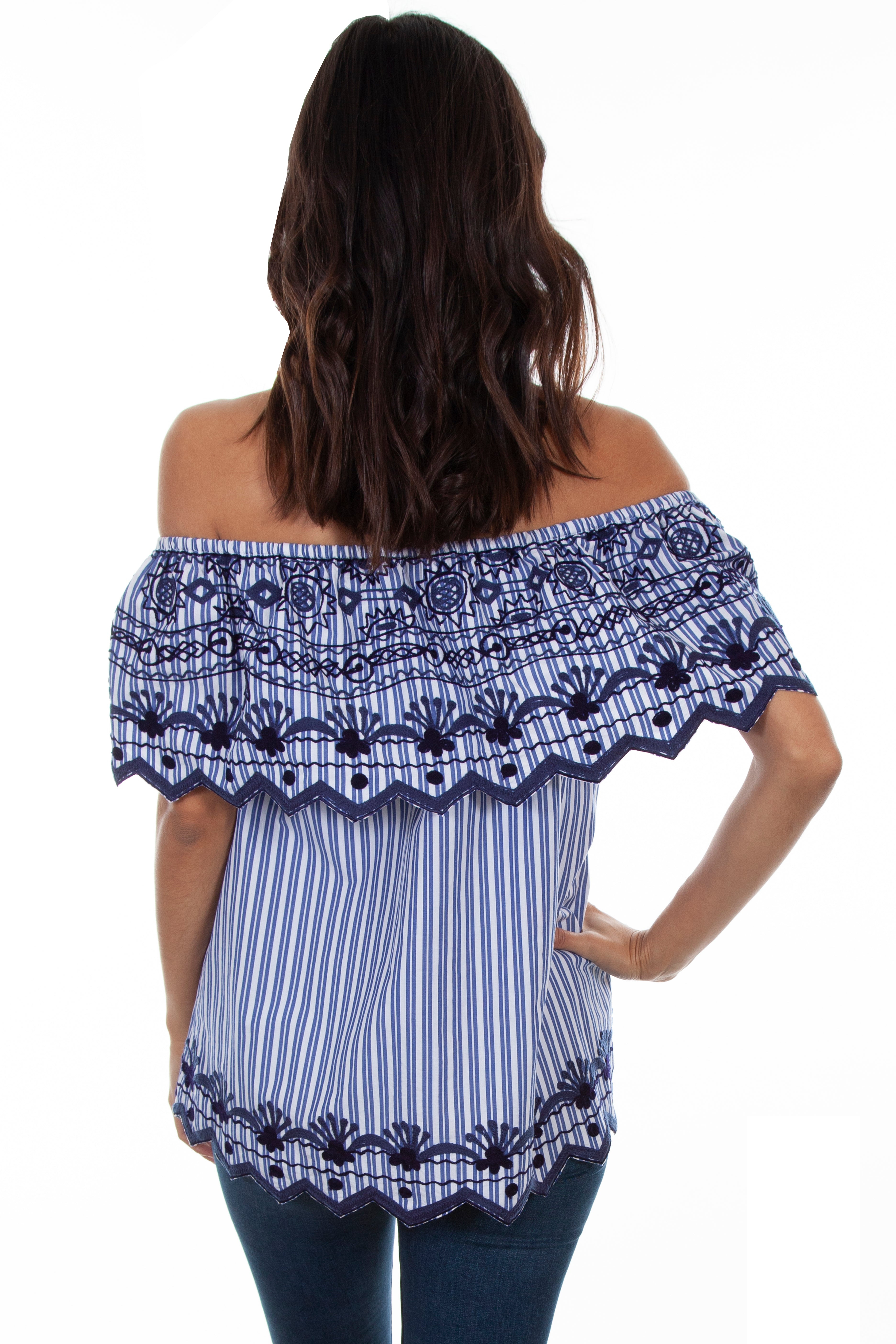 STRIPE/EMB RUFFLE BLOUSE