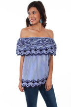 STRIPE/EMB RUFFLE BLOUSE