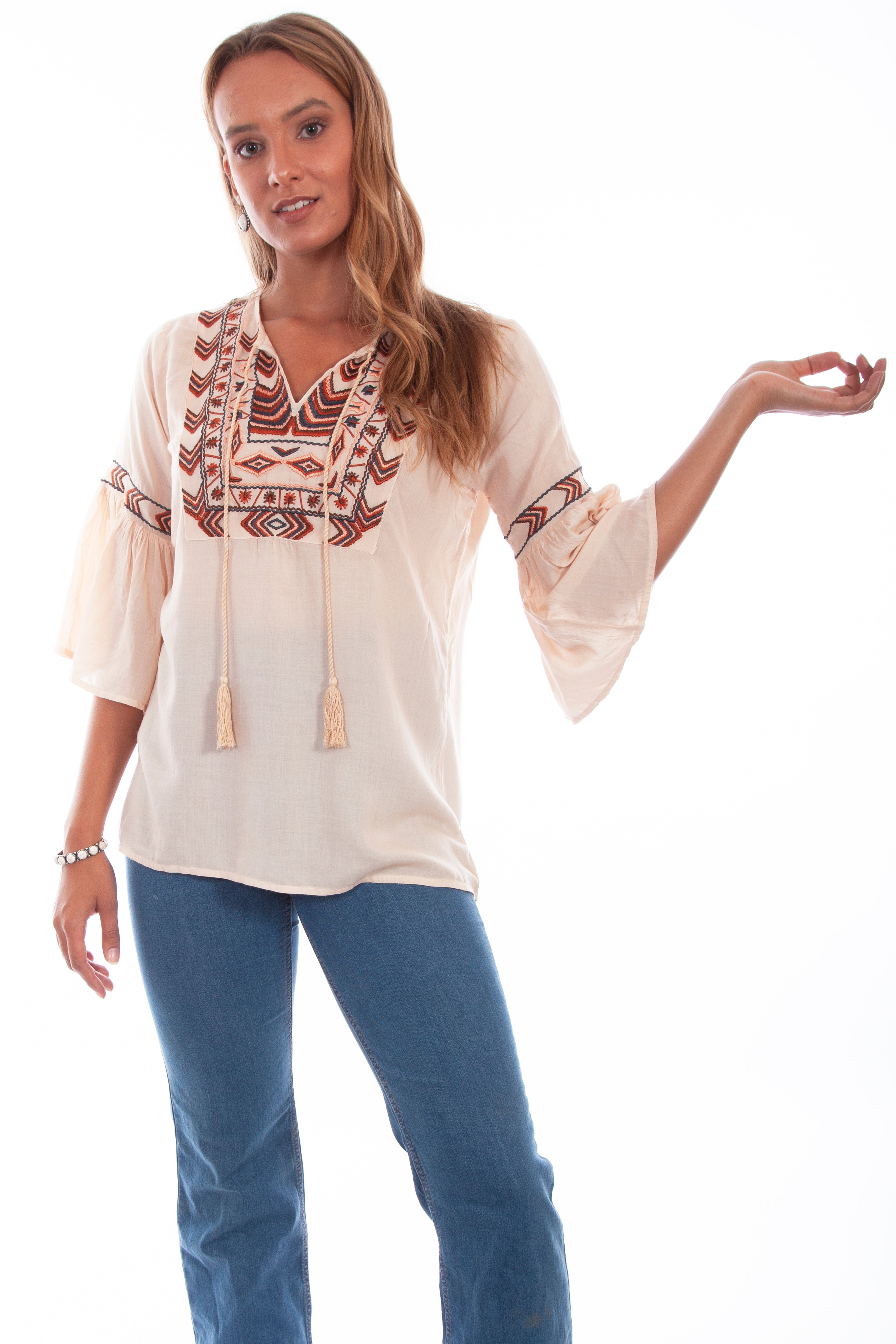 EMB. BODICE TIE FRONT BLOUSE