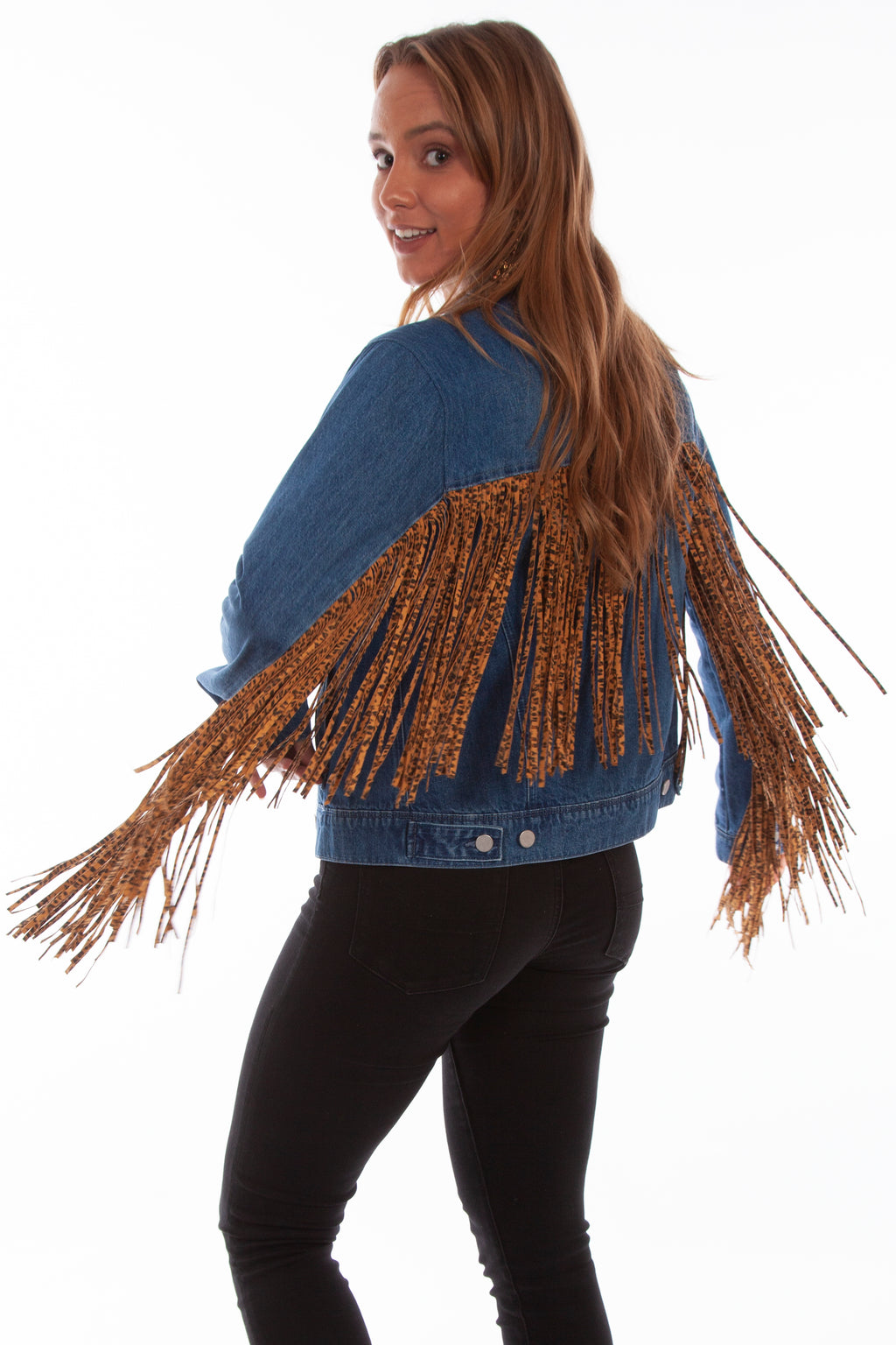 DENIM JACKET W/LEOPARD FRINGE