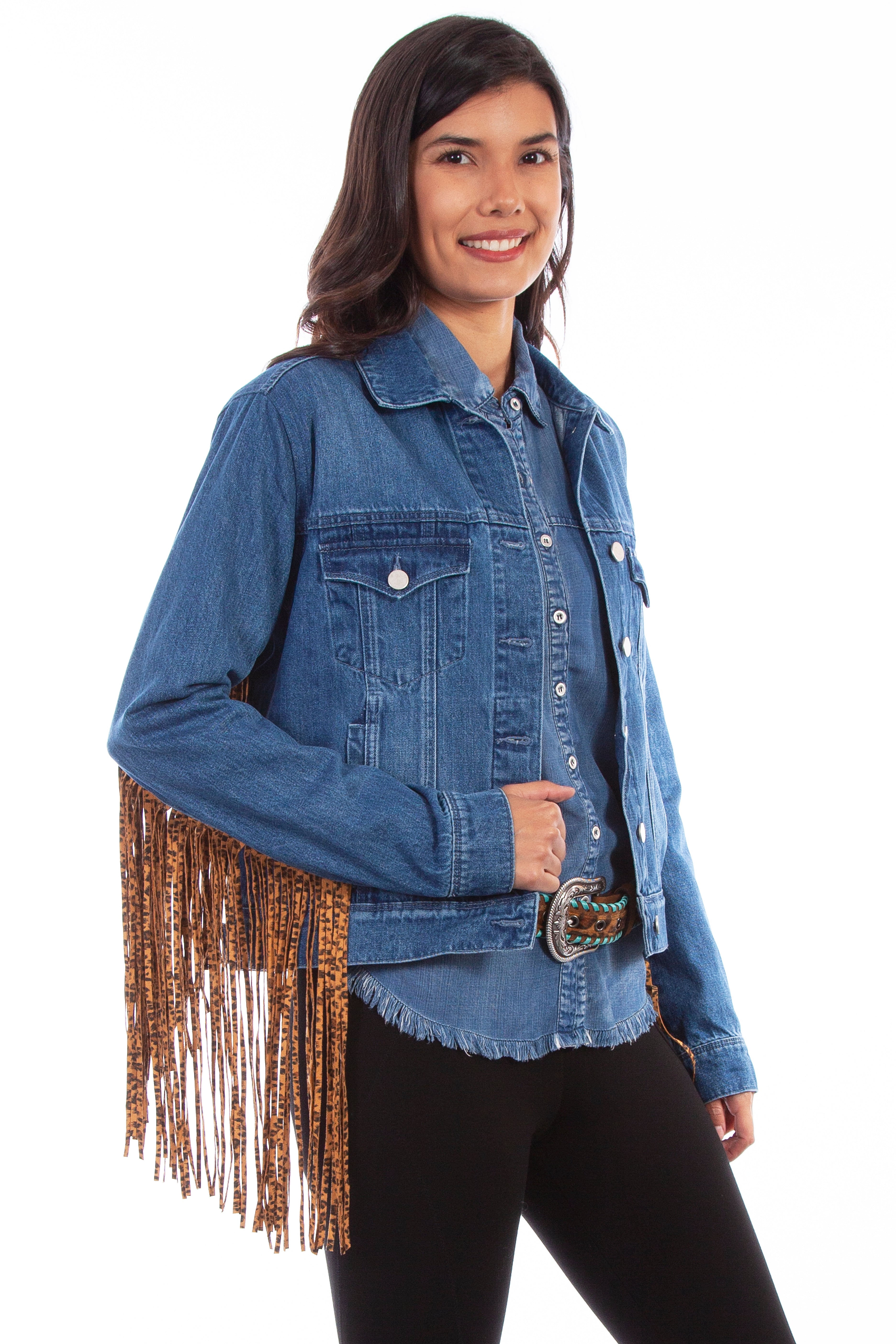 DENIM JACKET W/LEOPARD FRINGE