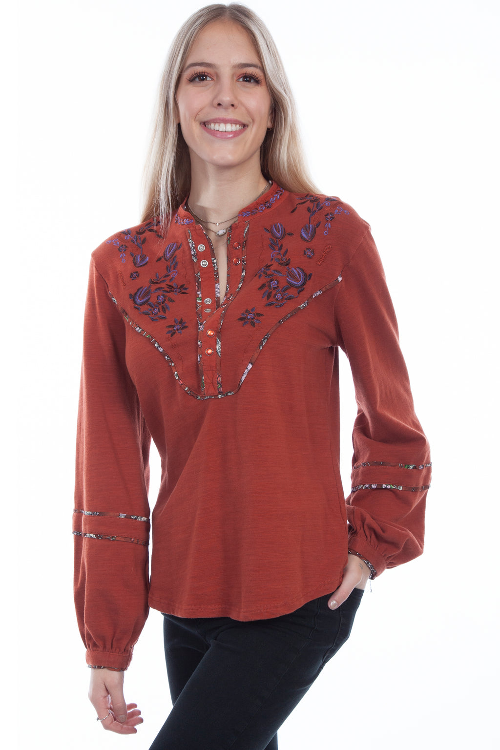 EMBROIDERED YOKE L/S BLOUSE