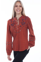 EMBROIDERED YOKE L/S BLOUSE