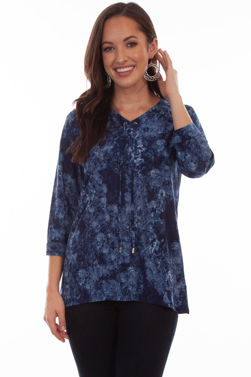CRISS CROSS TIE NECK HI/LO BLOUSE