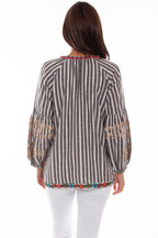 STRIPE BLOUSE W/FLORAL EMB.