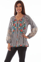 STRIPE BLOUSE W/FLORAL EMB.