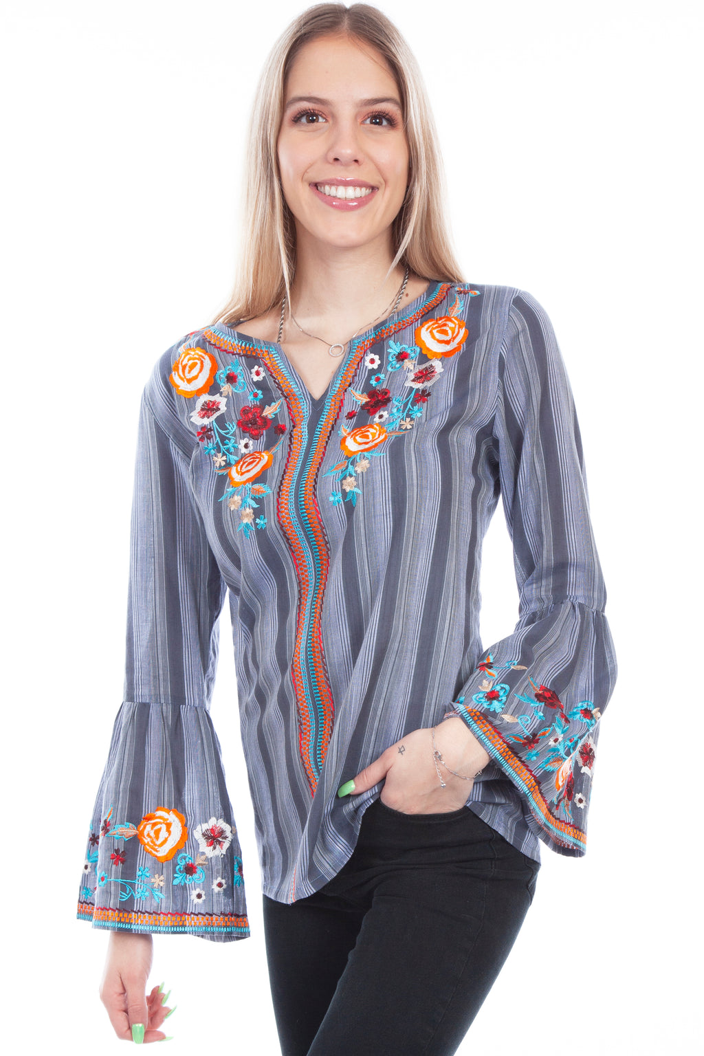 Y/D STRIPE BLOUSE W/EMBROIDERY