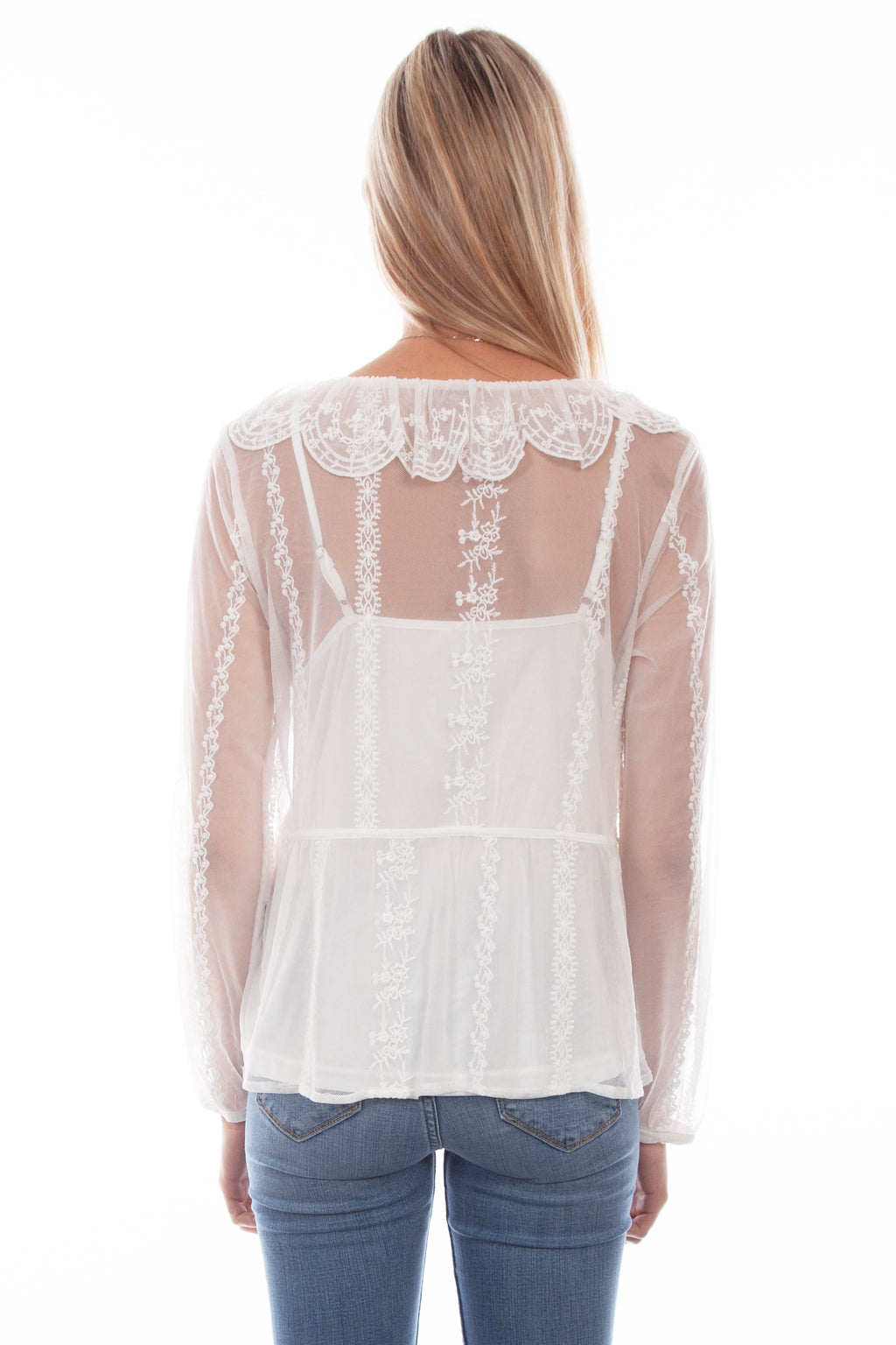 EMBROIDERED MESH TIE FRONT BLOUSE