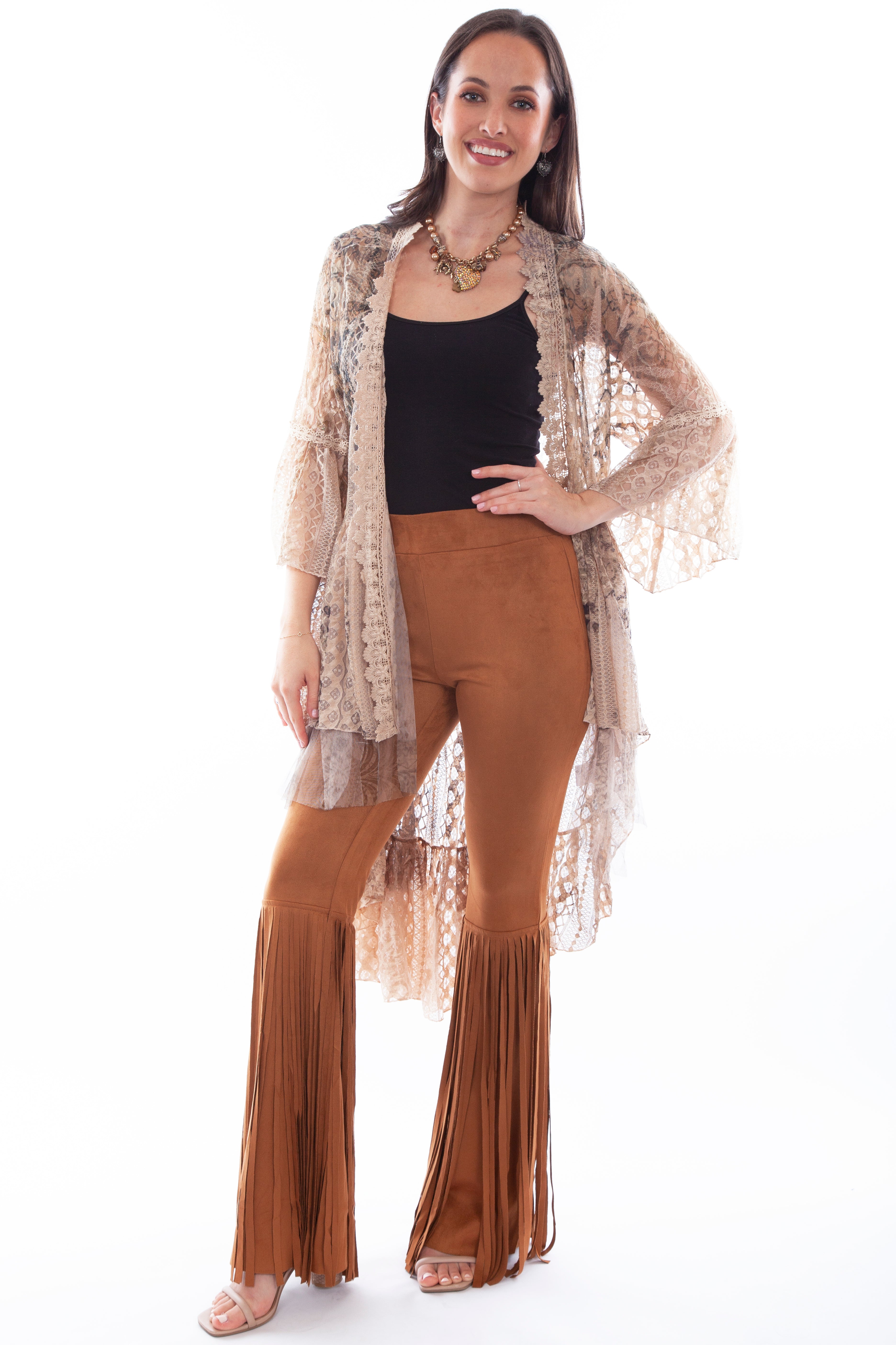 PRINTED LACE CARDIGAN W/CROCHET TRIM