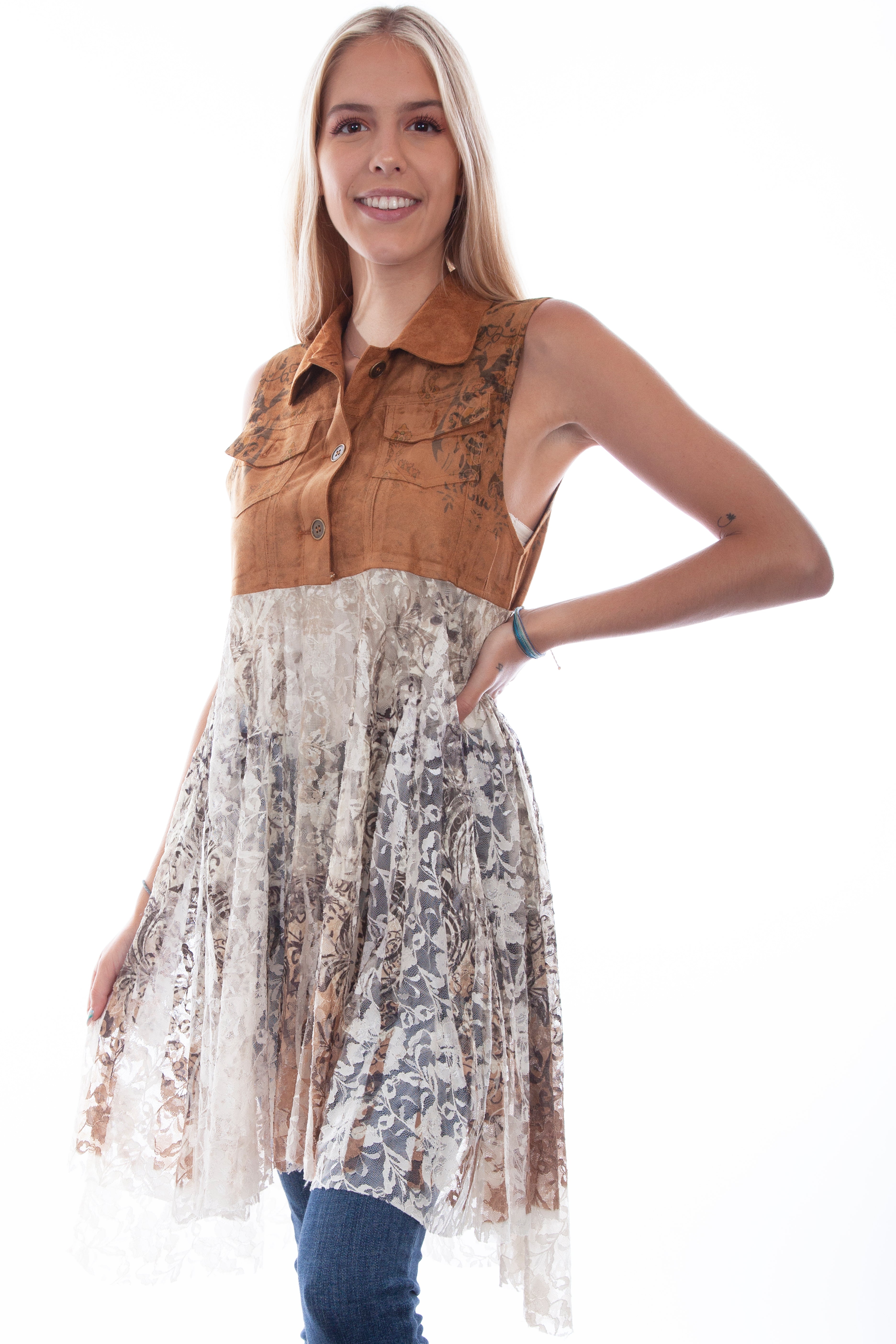 MICRO FIBER VEST W/PRINTED LACE
