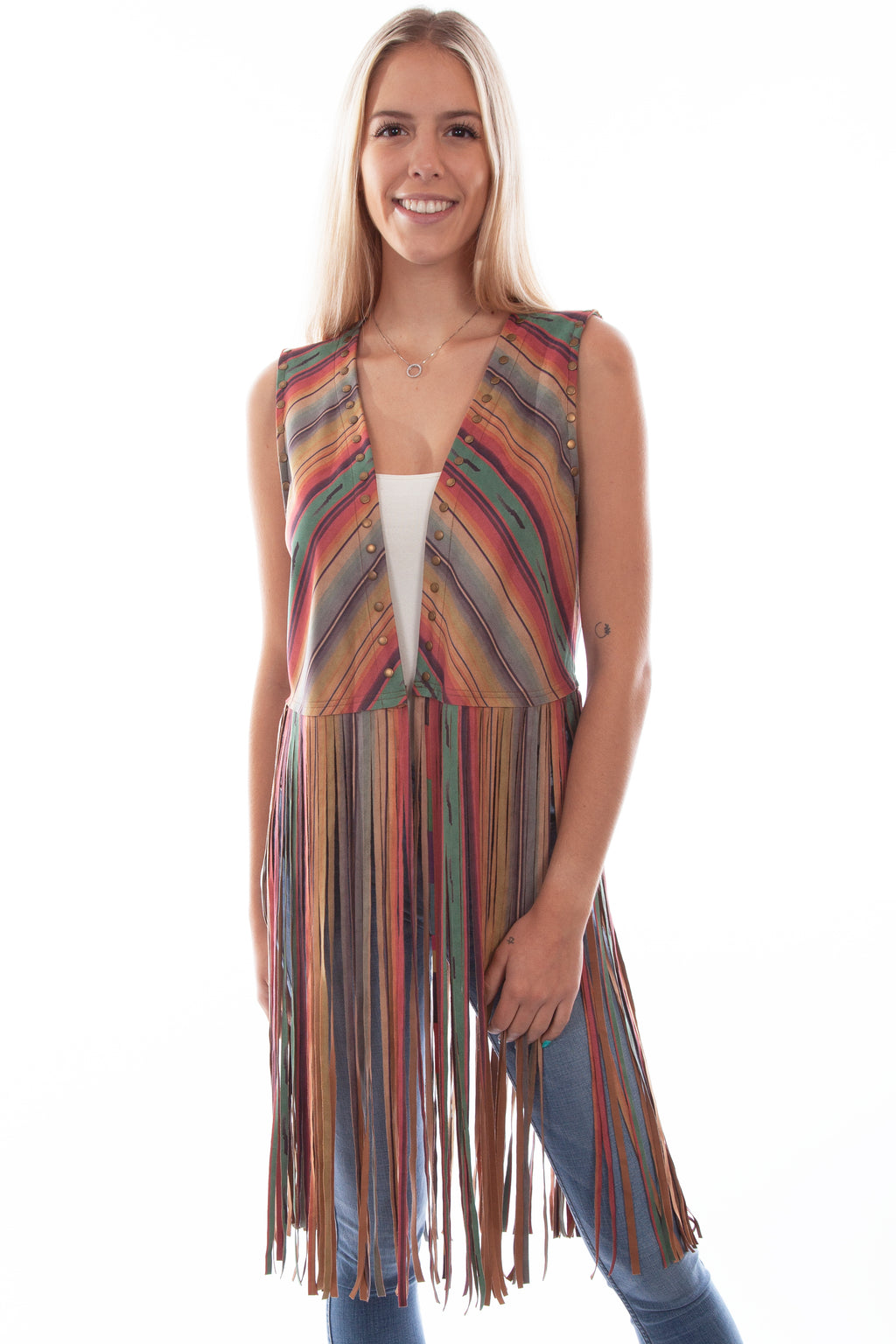 MICROFIBER SERAPE PRINT FRINGE VEST