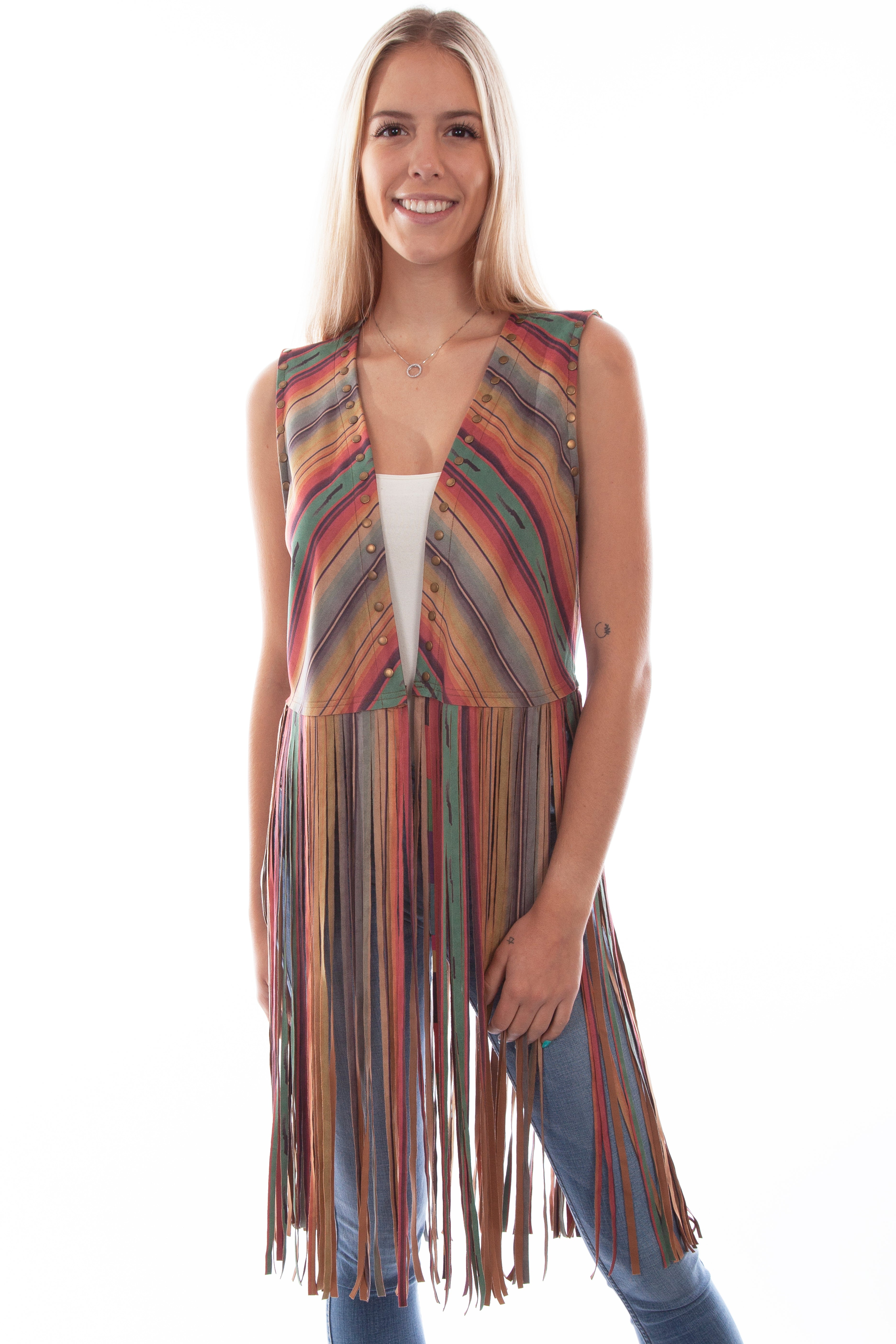 MICROFIBER SERAPE PRINT FRINGE VEST