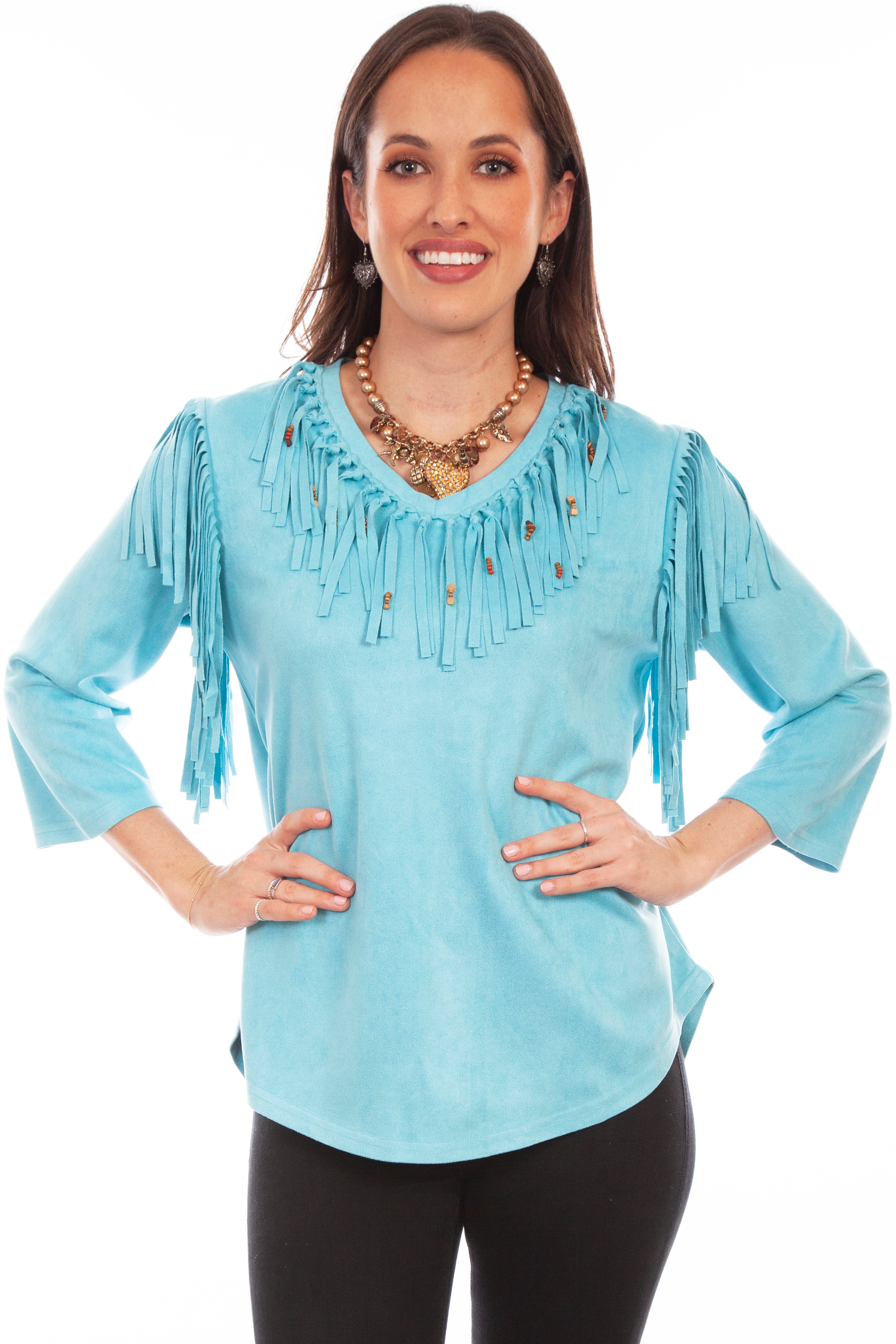 ULTRA SUEDE FRINGE PULL OVER TOP