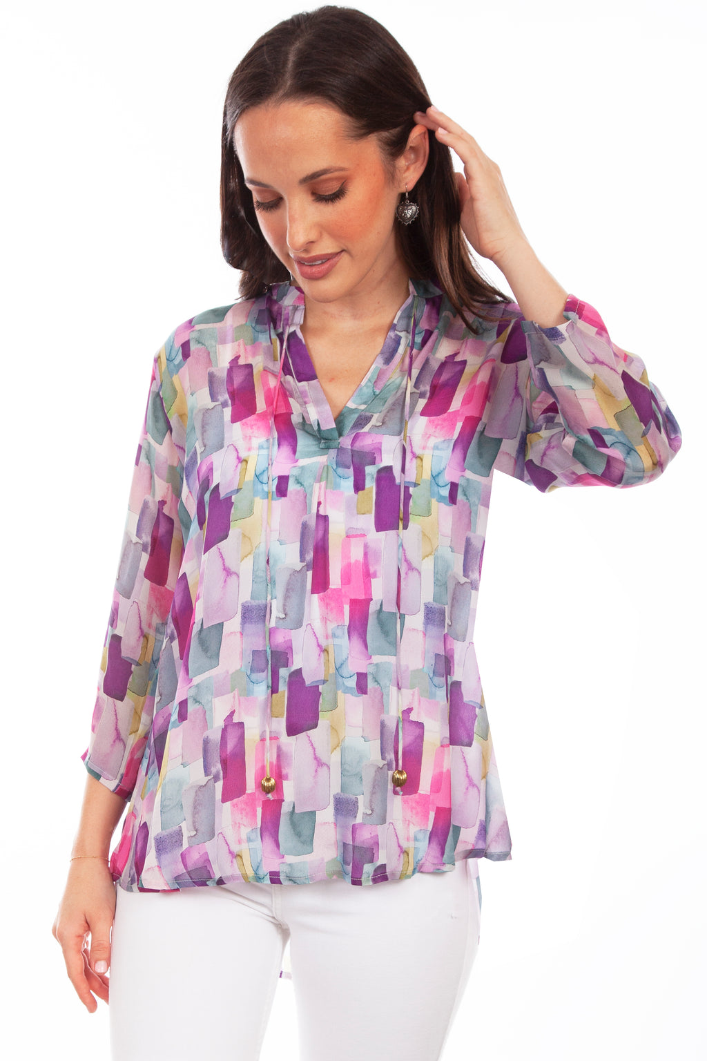 PULLOVER TIE FRONT PRINT BLOUSE