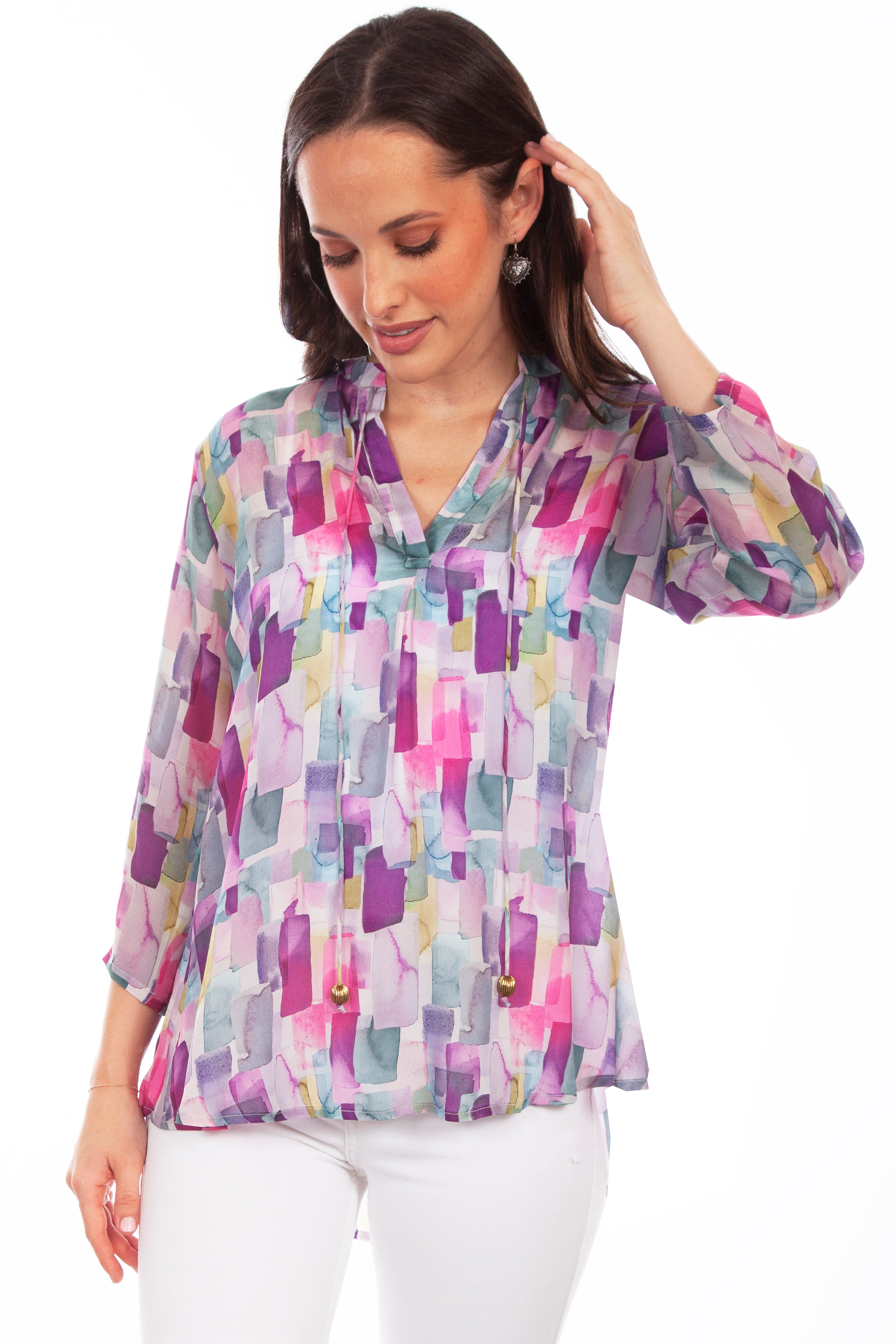 PULLOVER TIE FRONT PRINT BLOUSE