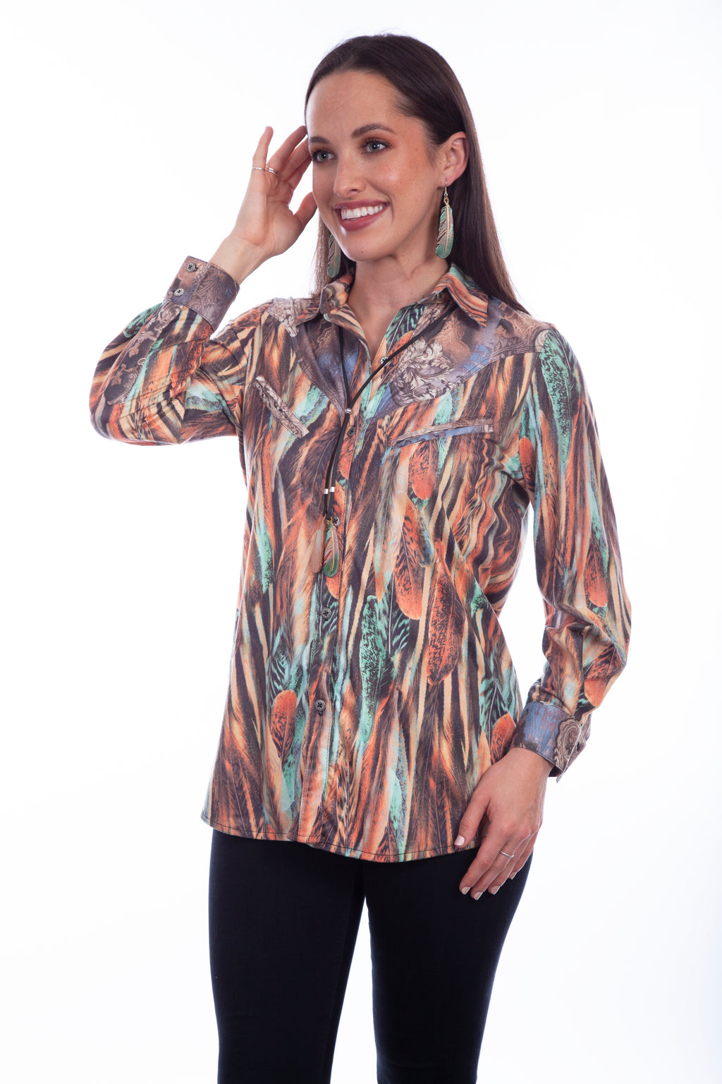 BUTTON FRONT MICROFIBER PRINT BLOUSE