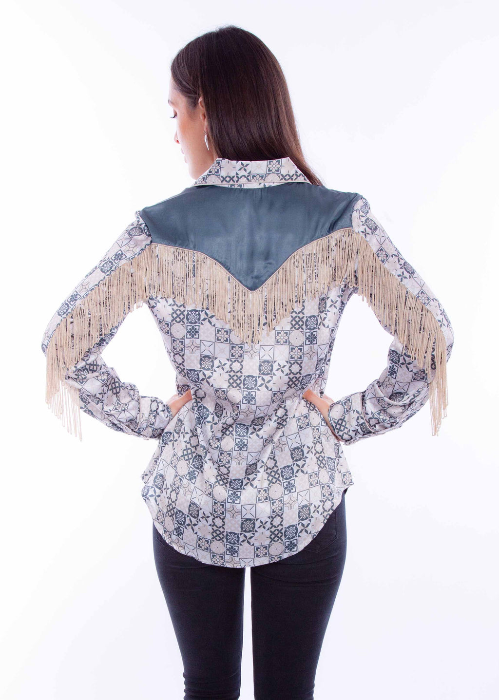 PRINT BLOUSE W/BACK FRINGE